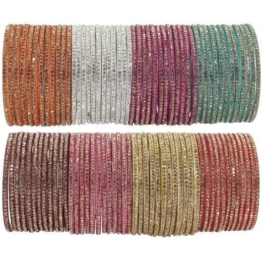 NMII Glass with Zircon Gemstone Studdded Glossy Finished Traditional Bangle Set For Women and Girls, (G103_Combo-B_2.6 Inches), Pack Of 96 Bangle Set