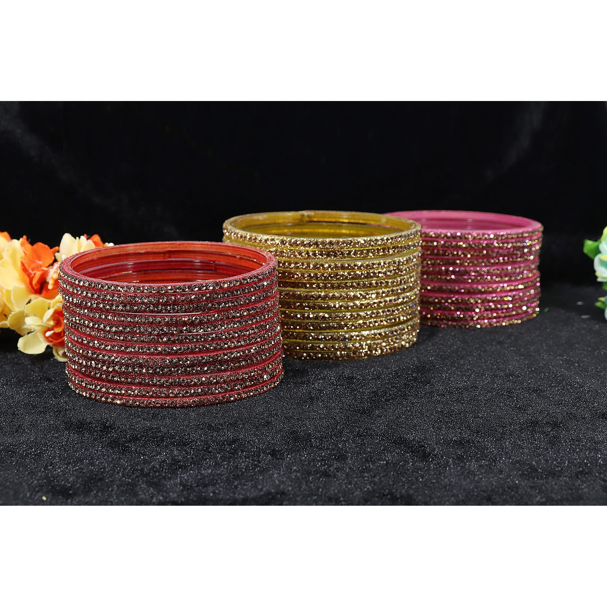 NMII Glass with Zircon Gemstone Studdded Glossy Finished Traditional Bangle Set For Women and Girls, (G103_Combo-A_2.2 Inches), Pack Of 96 Bangle Set