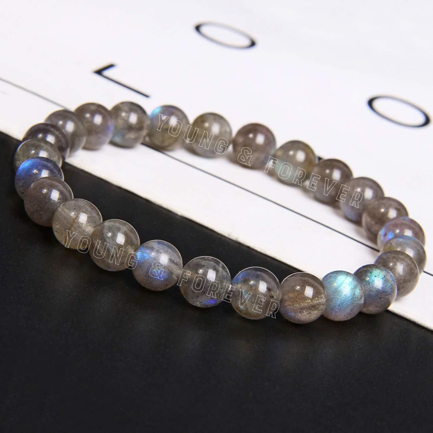 Young & Forever Gift Certified Reiki Crystal Semi Precious Gemstone Labradorite Bracelet Awaken Consciousness Healing Stone Stretch Bracelet for Men and Women