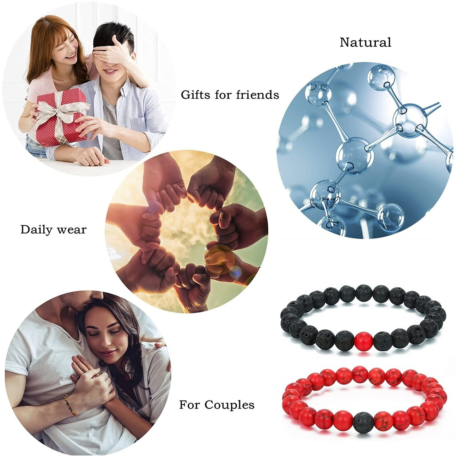 Hot And Bold Unisex-Adult Natural Stone Bead Evil Eye Couple Combo Bracelet Set With Certificate - Embrace Harmony, Protection, And Positive Energy Together (Red Turquoise & Lava Stone)