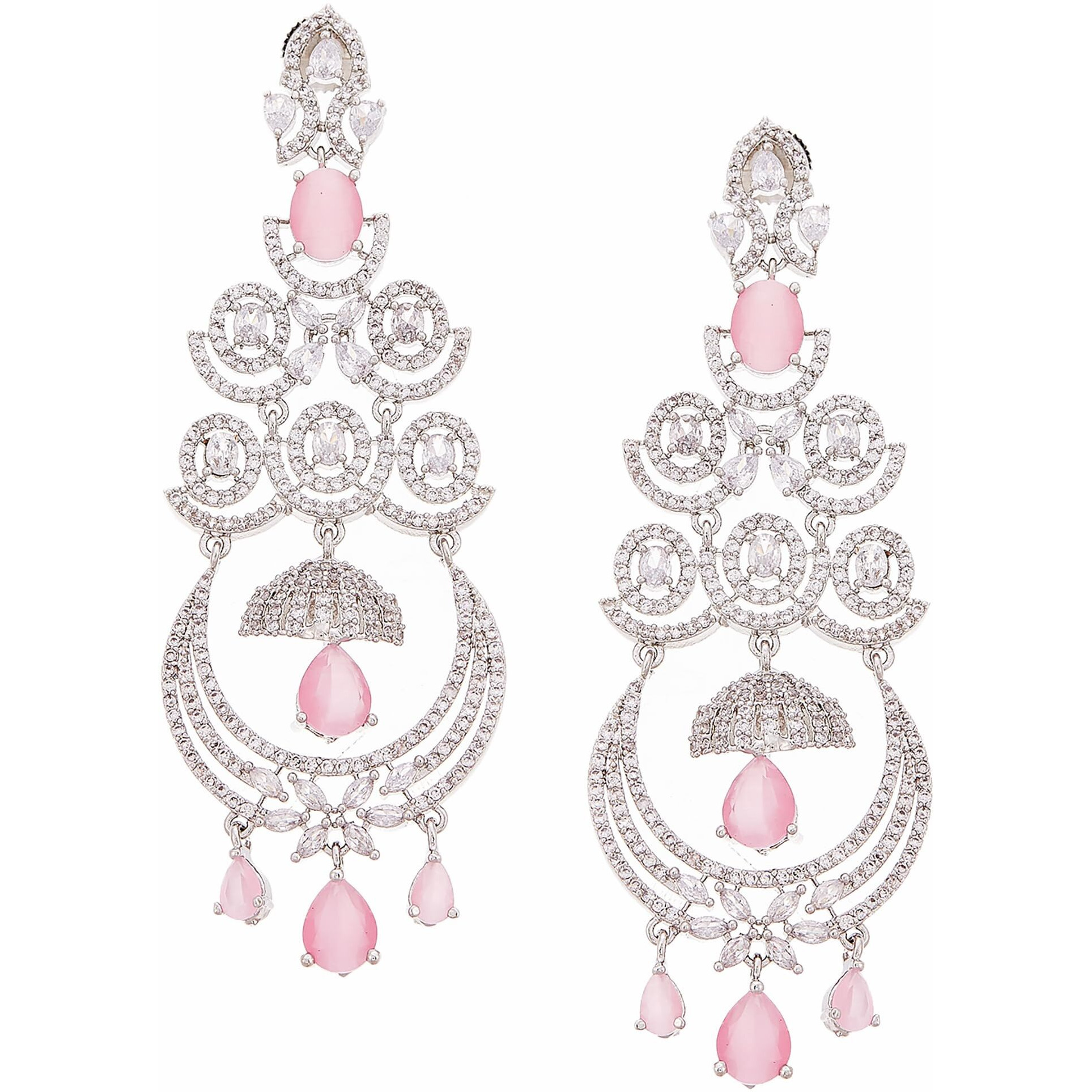 Zeneme Floral Shaped American Diamond Dangle Chandelier Earring For Women And Girls (Pink Rhodium)