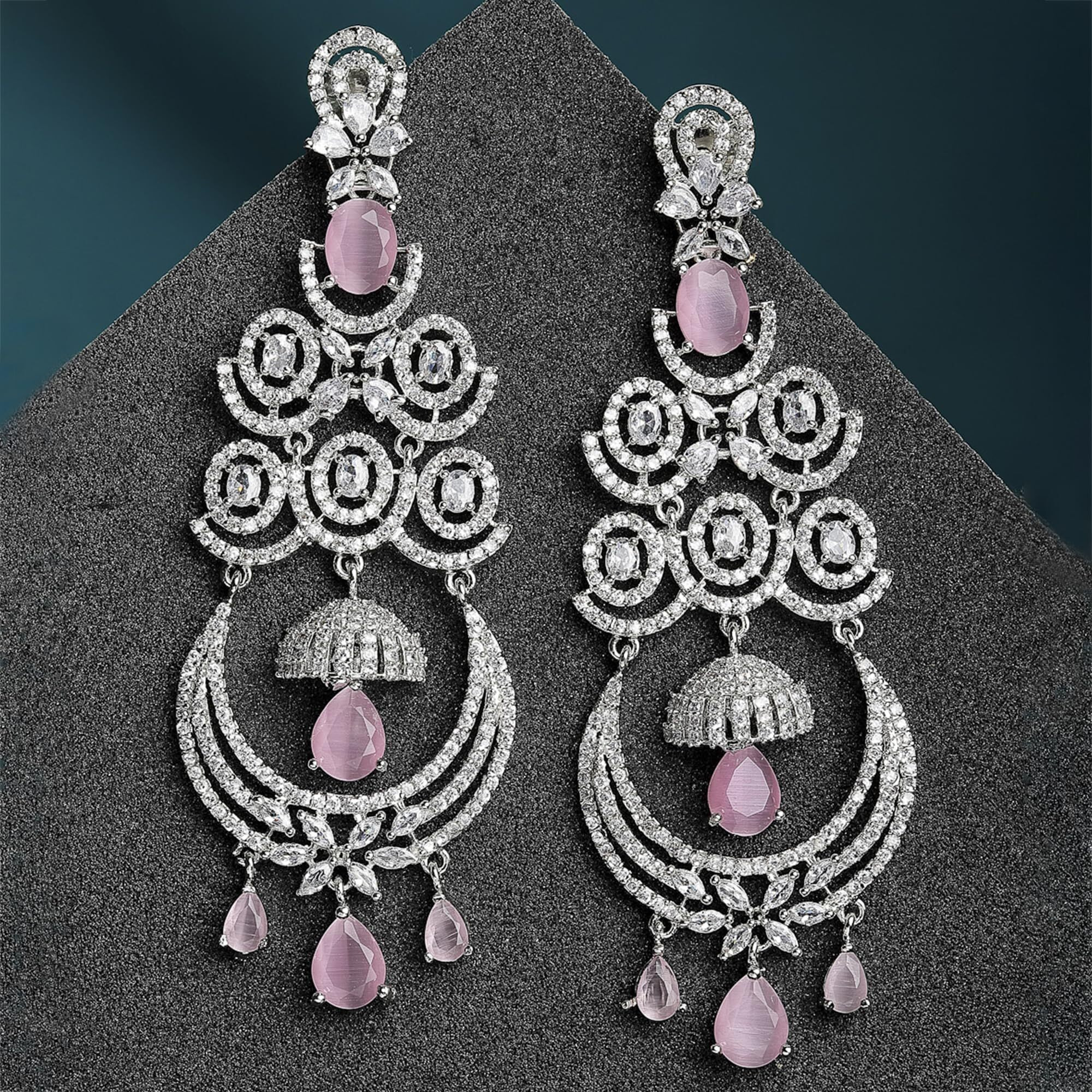 Zeneme Floral Shaped American Diamond Dangle Chandelier Earring For Women And Girls (Pink Rhodium)