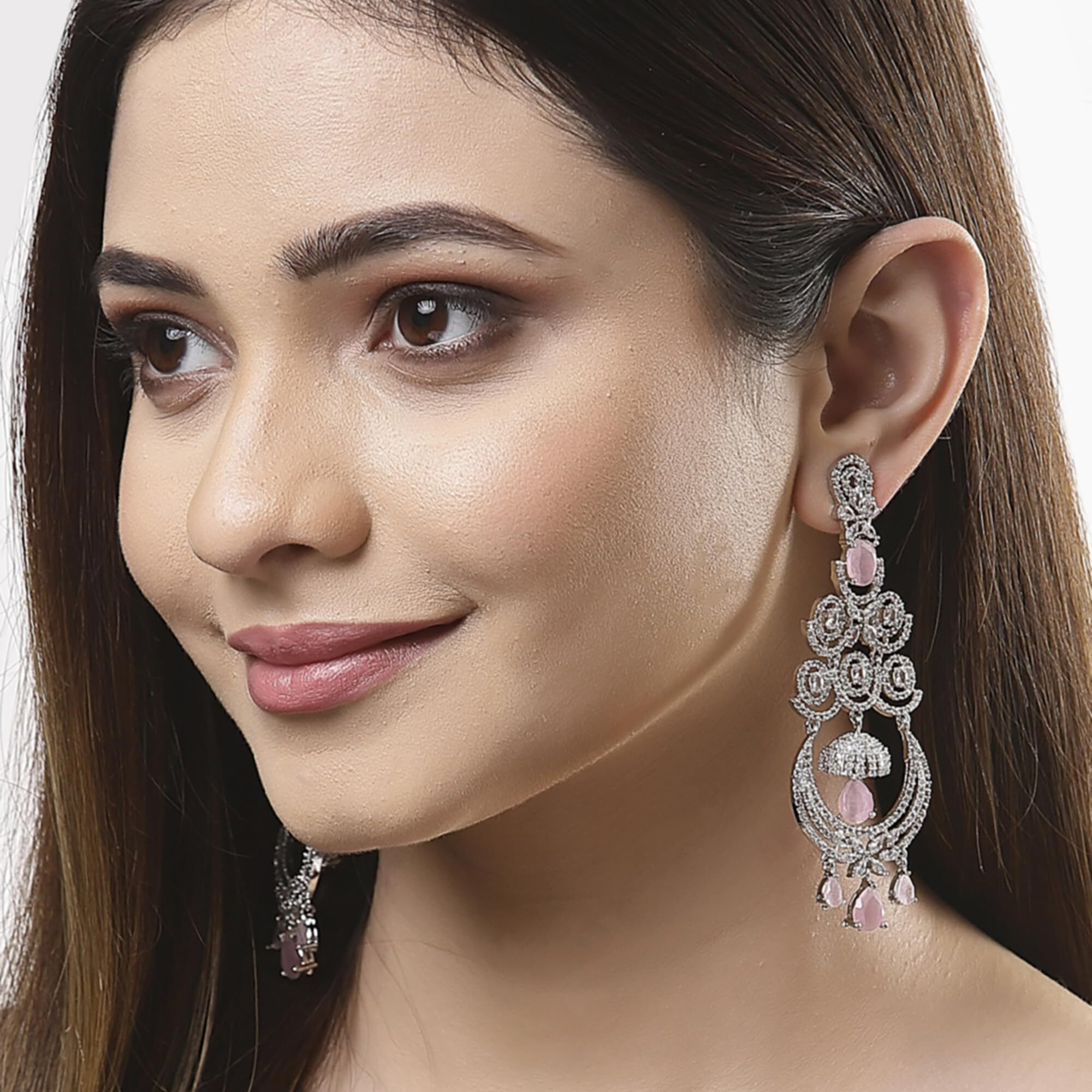 Zeneme Floral Shaped American Diamond Dangle Chandelier Earring For Women And Girls (Pink Rhodium)
