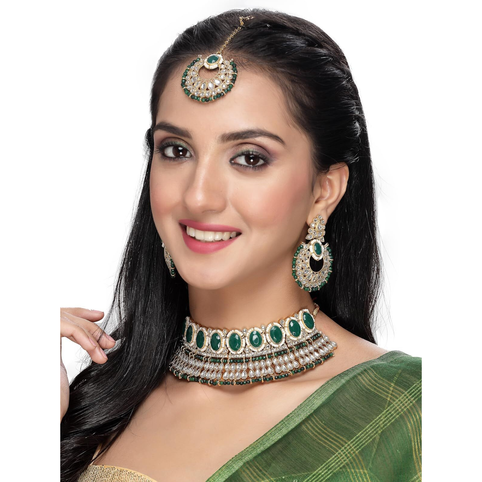Sukkhi Delightful Trendy Gold Plated Green Kundan & Beads Choker Necklace Set With Earring And Maangtika | Jewellery Set For Women (NS105577)