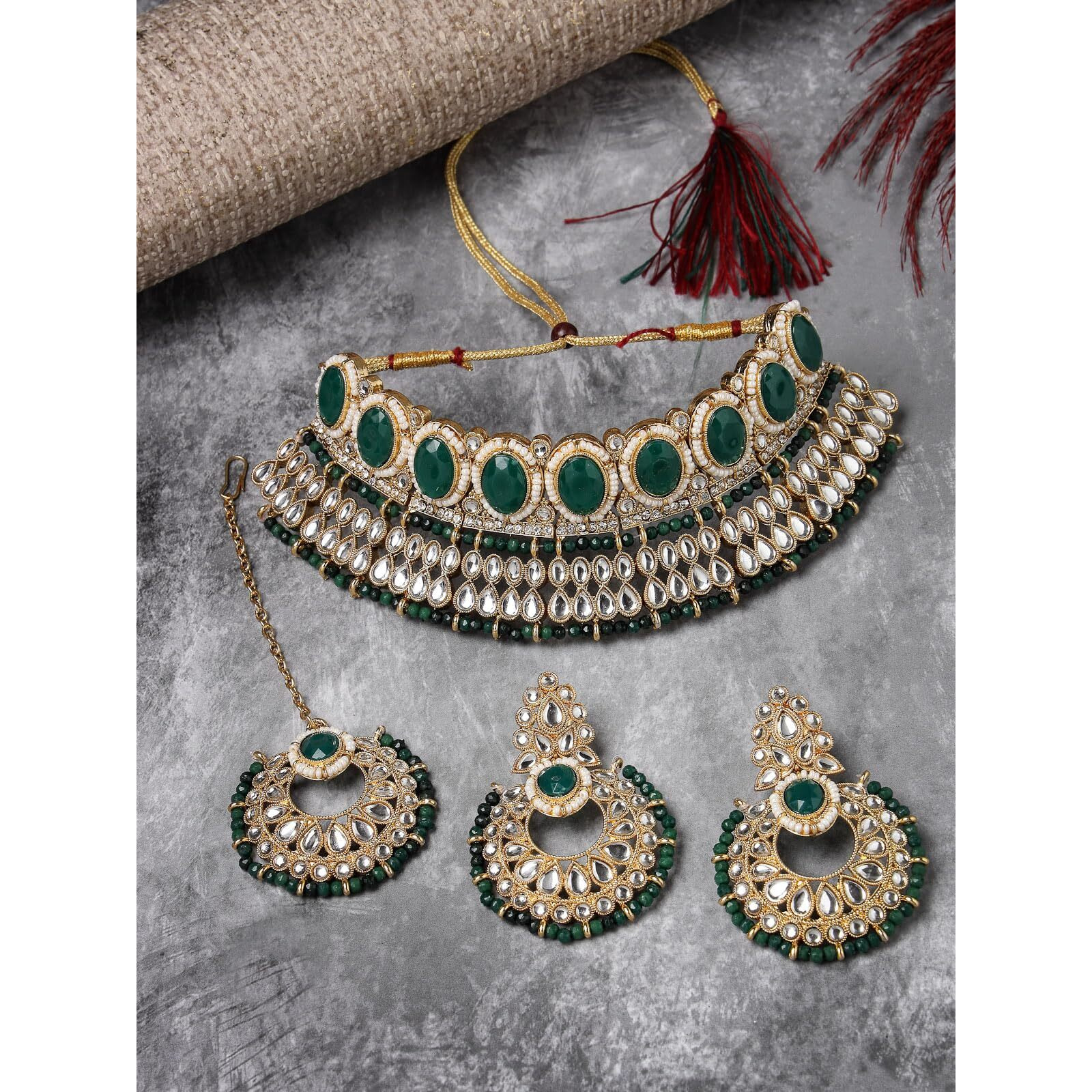 Sukkhi Delightful Trendy Gold Plated Green Kundan & Beads Choker Necklace Set With Earring And Maangtika | Jewellery Set For Women (NS105577)