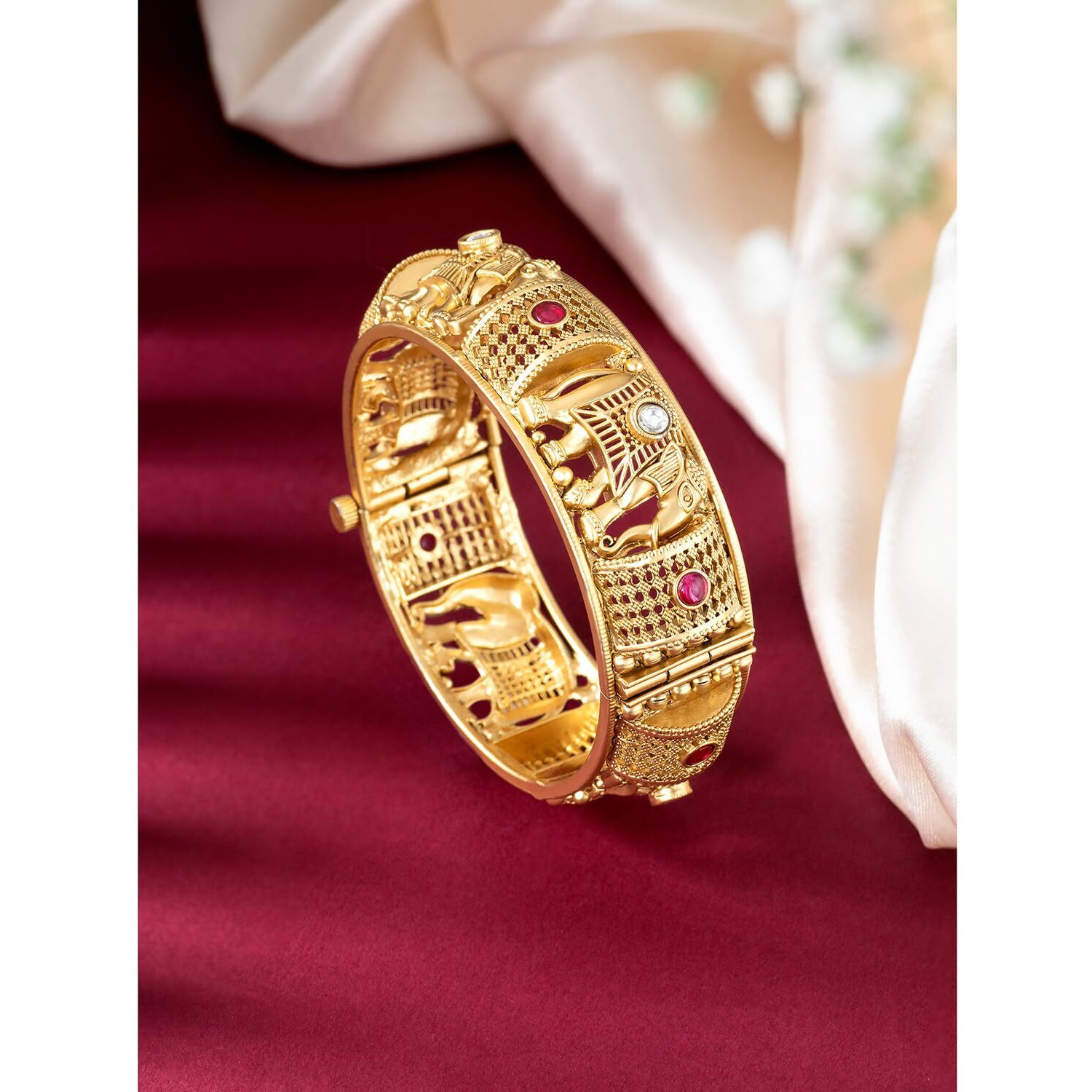 Peora Gold Plated Elephant Motif Thick Single Piece Openable Bangle Ethnic Traditional Temple Jewellery for Women (Size 2.8 inch)