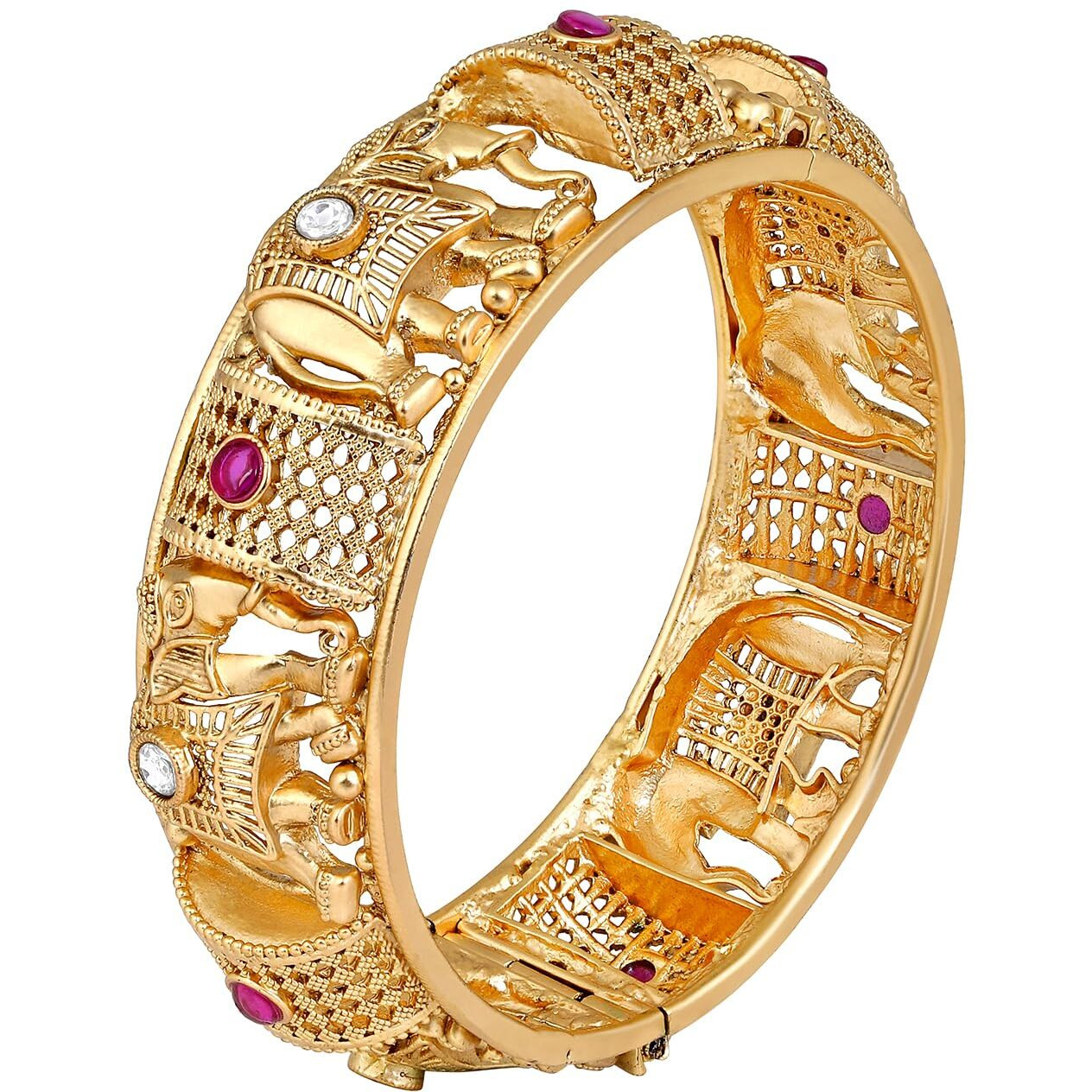 Peora Gold Plated Elephant Motif Thick Single Piece Openable Bangle Ethnic Traditional Temple Jewellery for Women (Size 2.8 inch)
