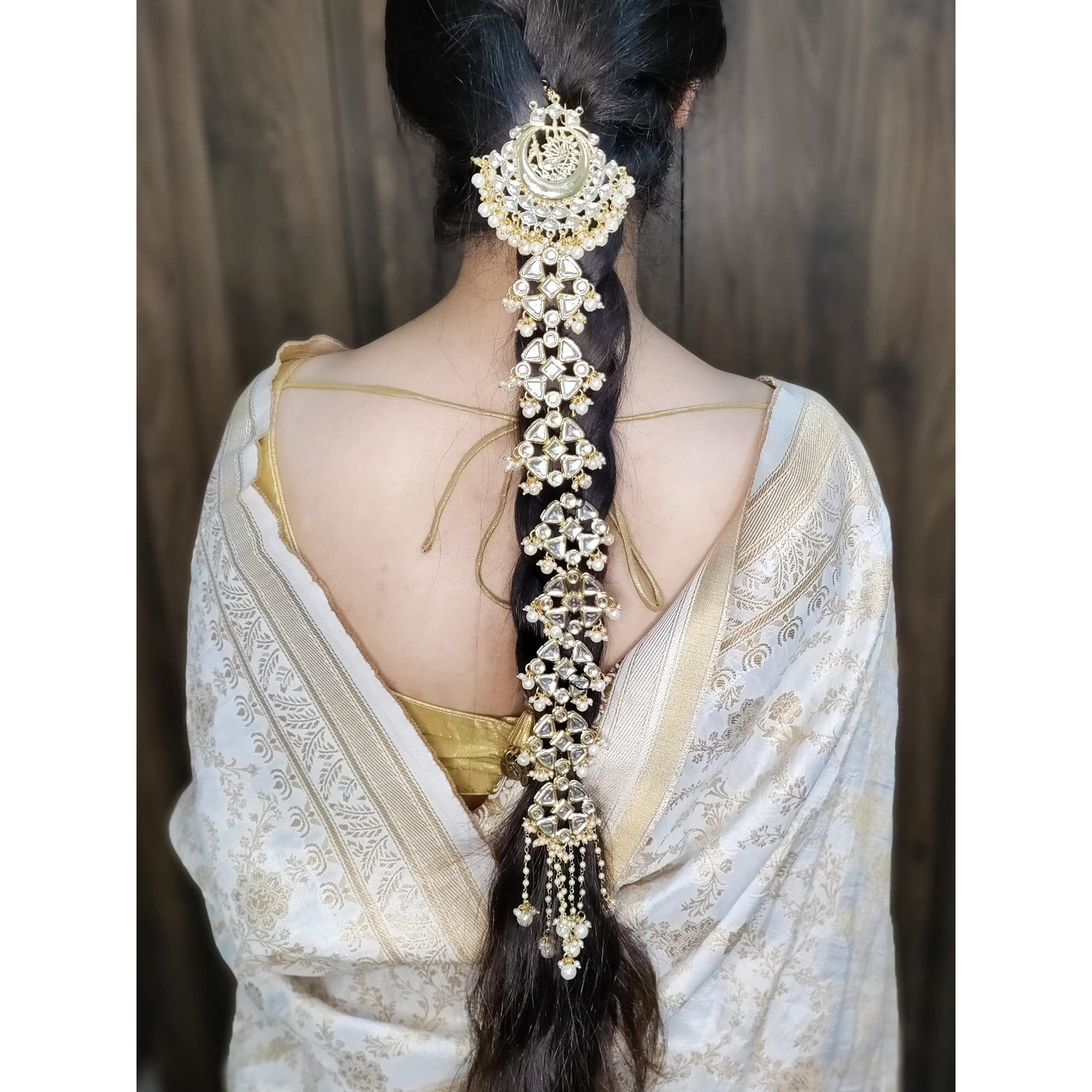Karatcart Gold Plated Peacock Design Pearl and Kundan Studded Bridal Wedding Hair Braid Choti