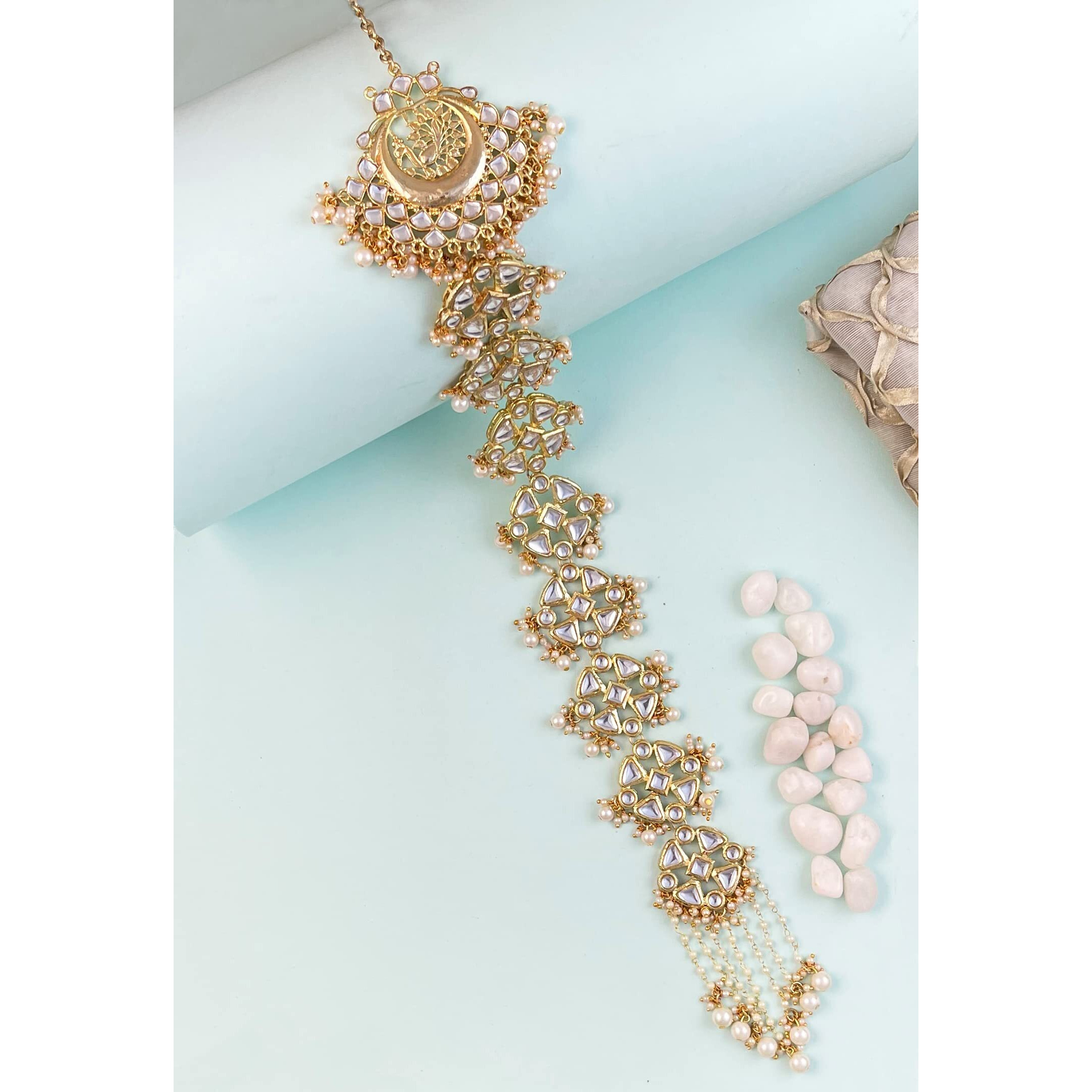 Karatcart Gold Plated Peacock Design Pearl and Kundan Studded Bridal Wedding Hair Braid Choti