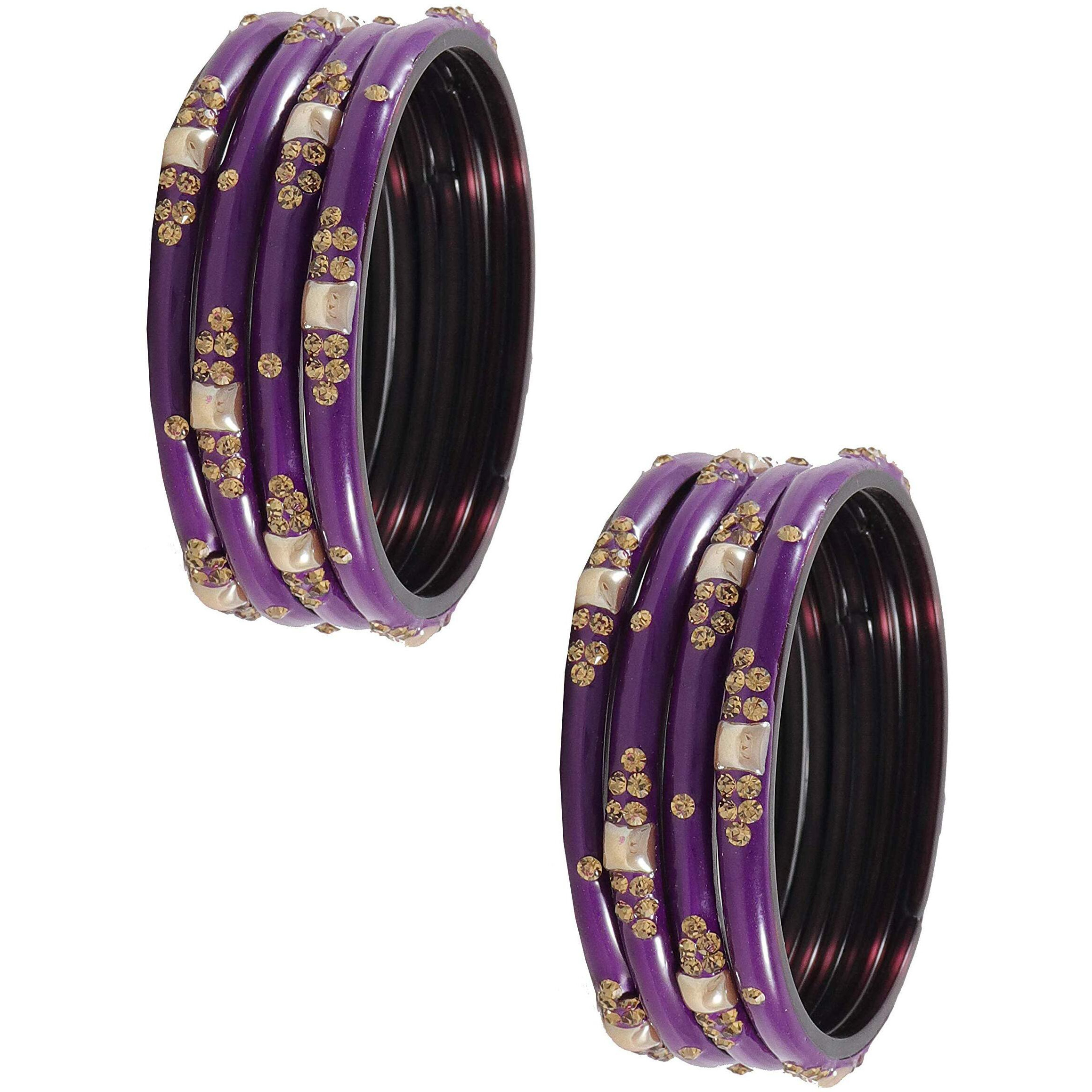 NMII Glass with Zircon Gemstone Or Beads Studded worked Glossy Finished Kada Set For Women and Girls, (Purple_2.4 Inches), Pack Of 8 Kada Set
