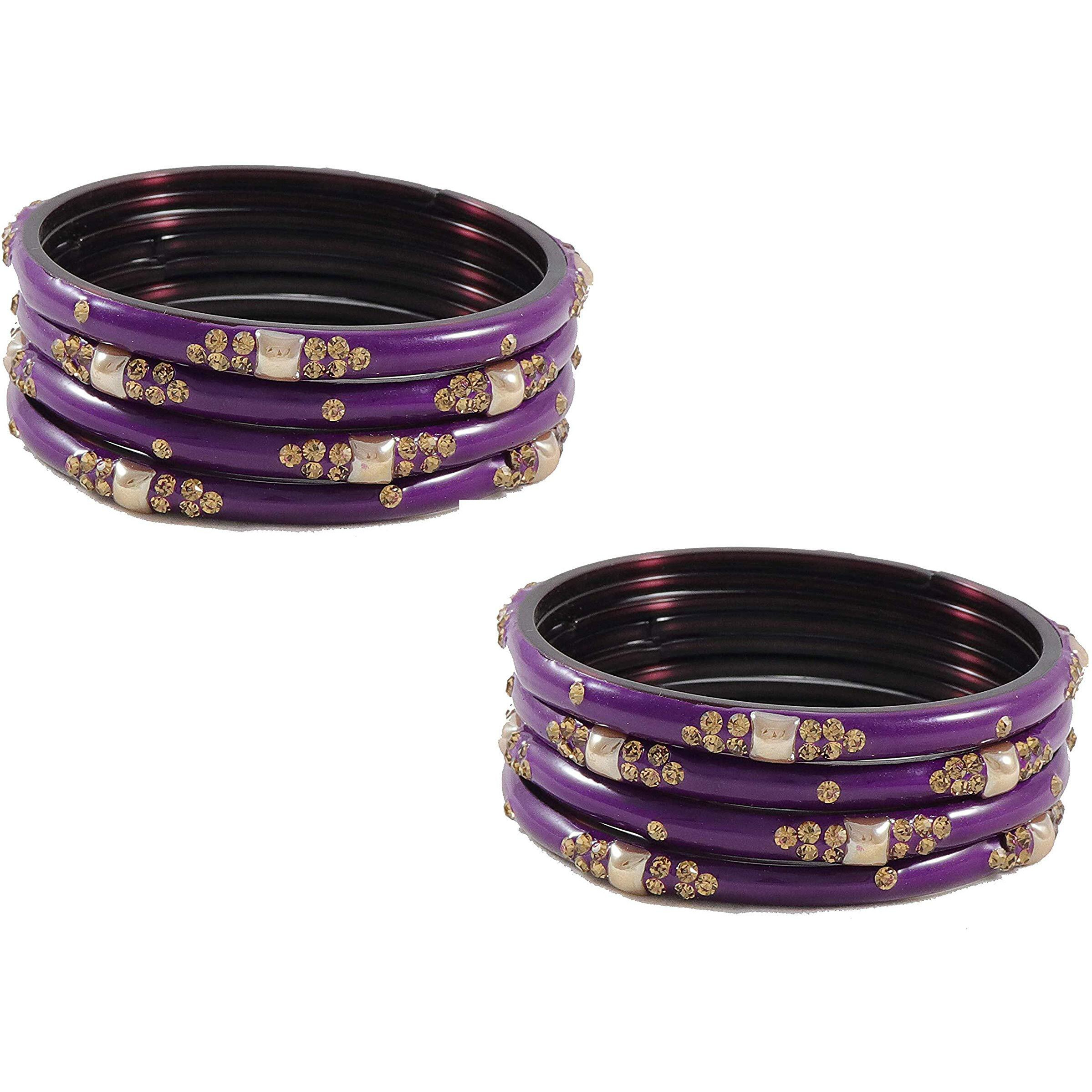 NMII Glass with Zircon Gemstone Or Beads Studded worked Glossy Finished Kada Set For Women and Girls, (Purple_2.4 Inches), Pack Of 8 Kada Set