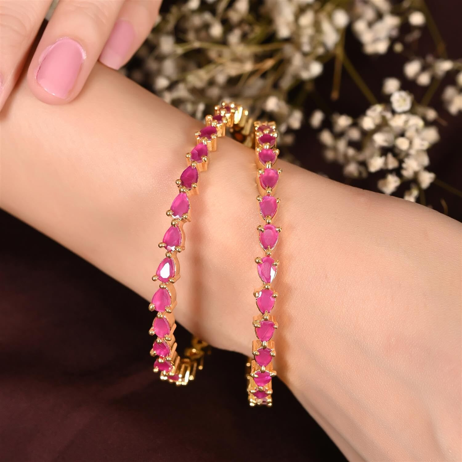 Ratnavali Jewels American Diamond Studded Gold Plated Traditional Ruby Red Pear Shape CZ/Diamond Bangles for Women/Girls RV2648R (2.8)
