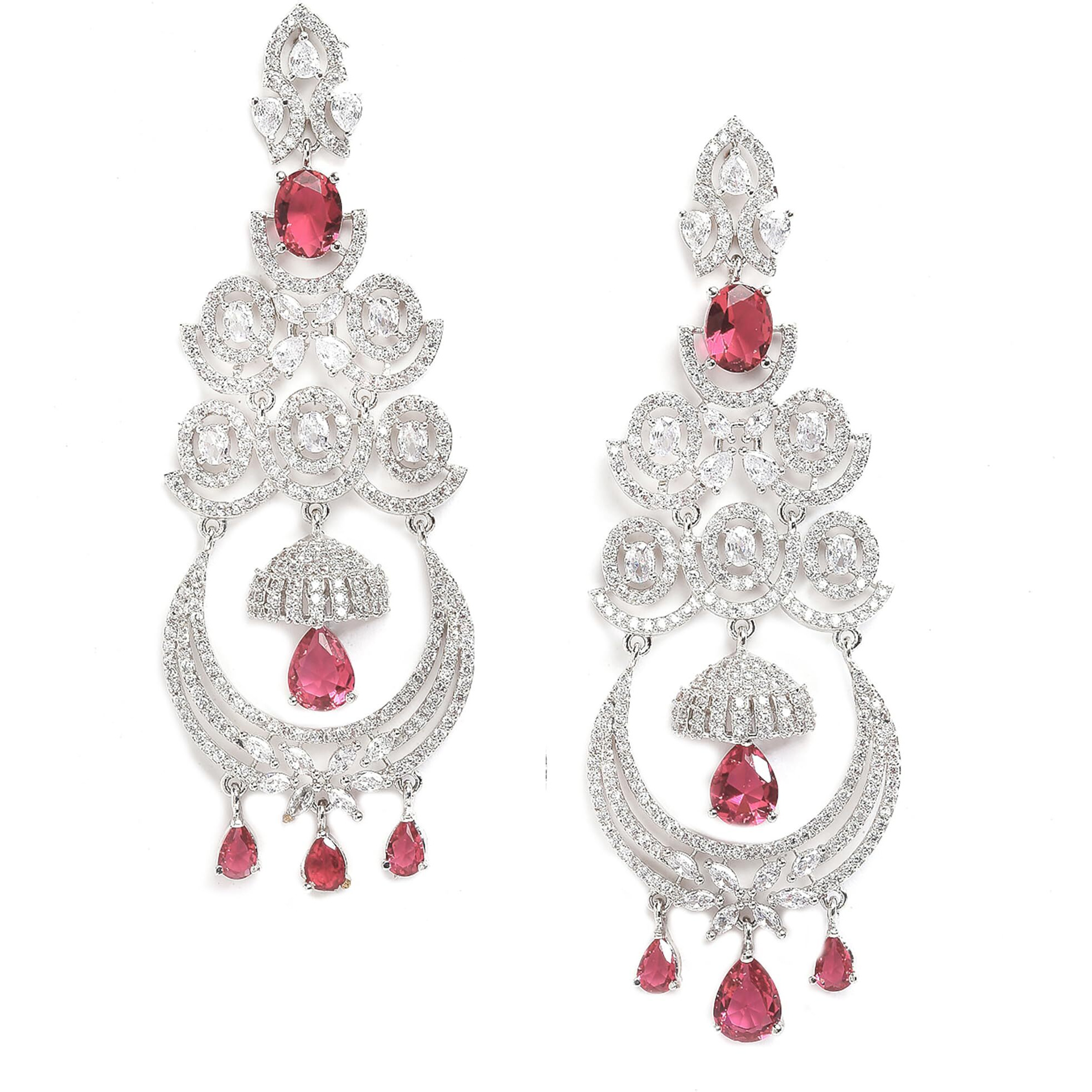 Zeneme Floral Shaped American Diamond Dangle Chandelier Earring For Women And Girls (Red Rhodium)