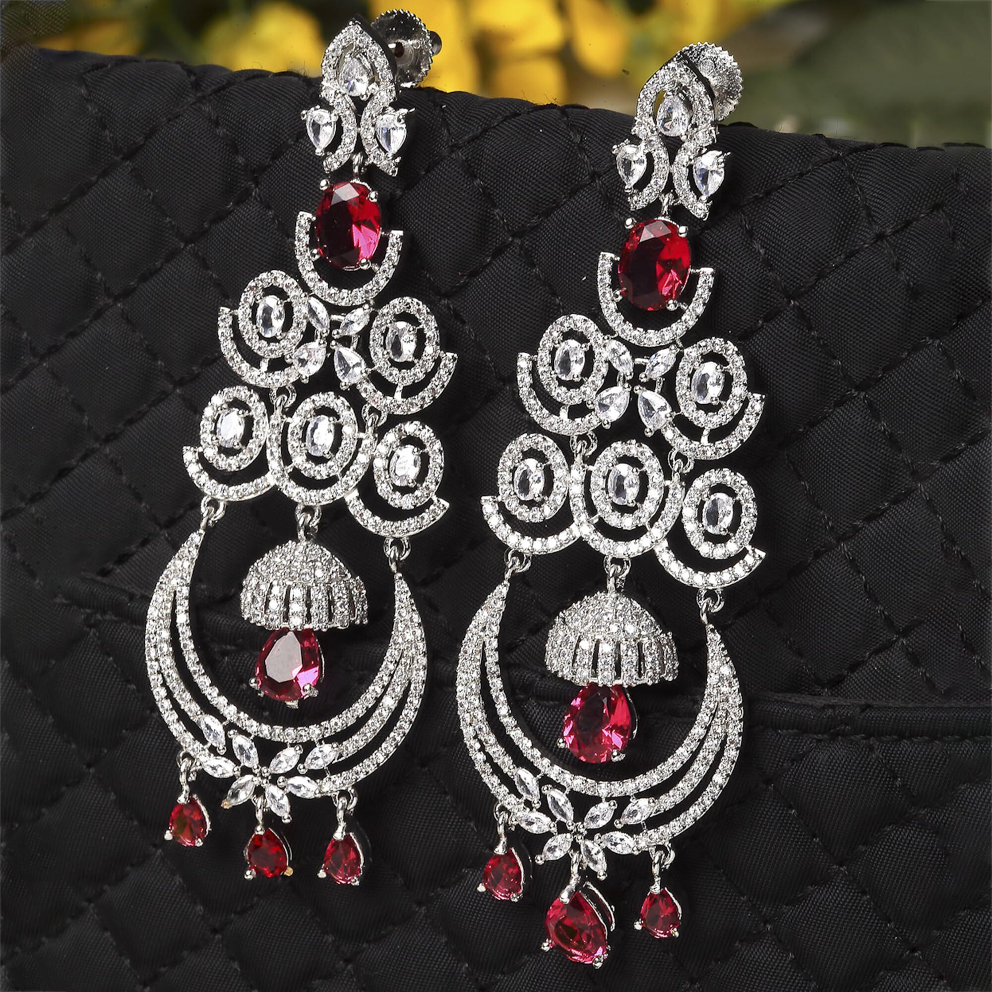 Zeneme Floral Shaped American Diamond Dangle Chandelier Earring For Women And Girls (Red Rhodium)