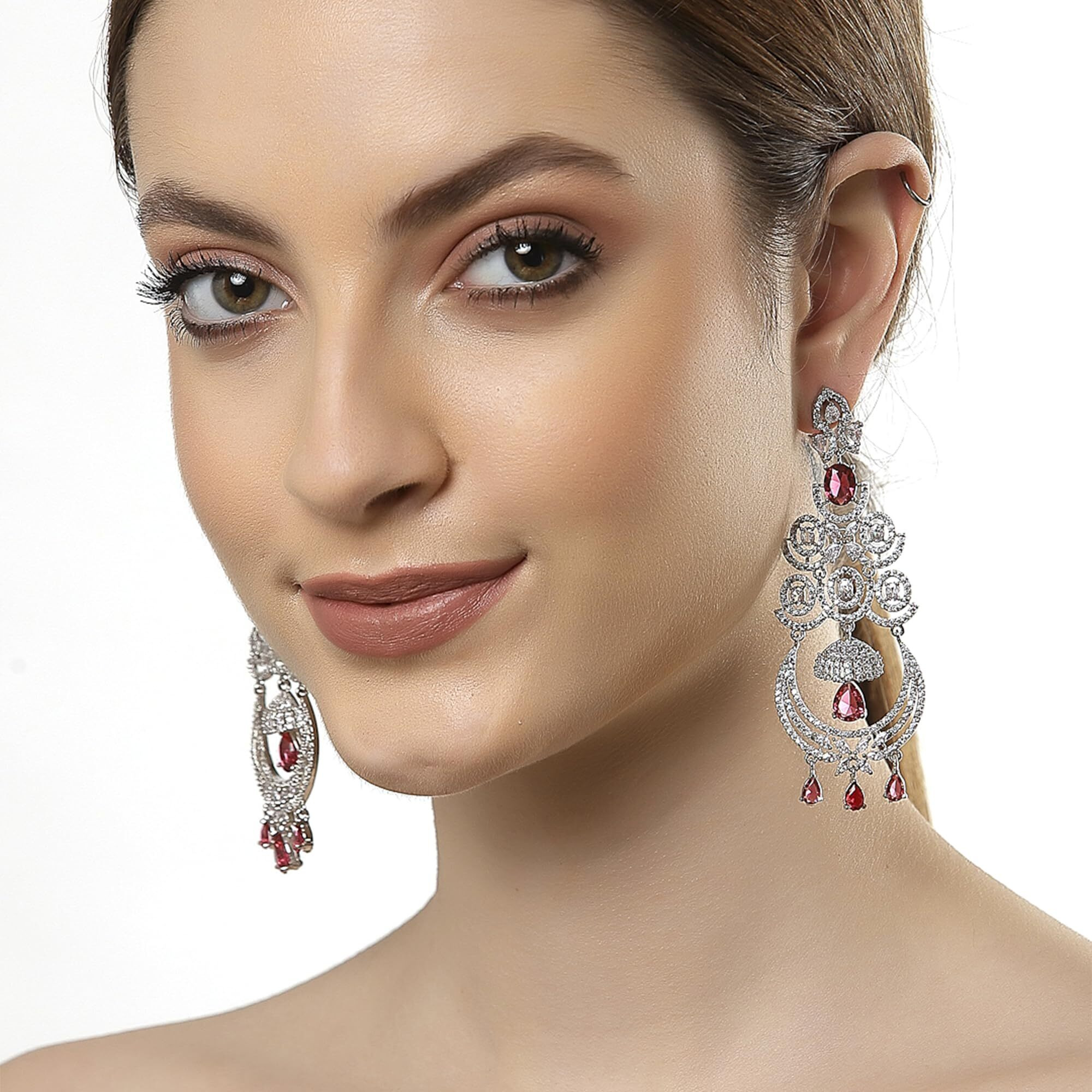 Zeneme Floral Shaped American Diamond Dangle Chandelier Earring For Women And Girls (Red Rhodium)