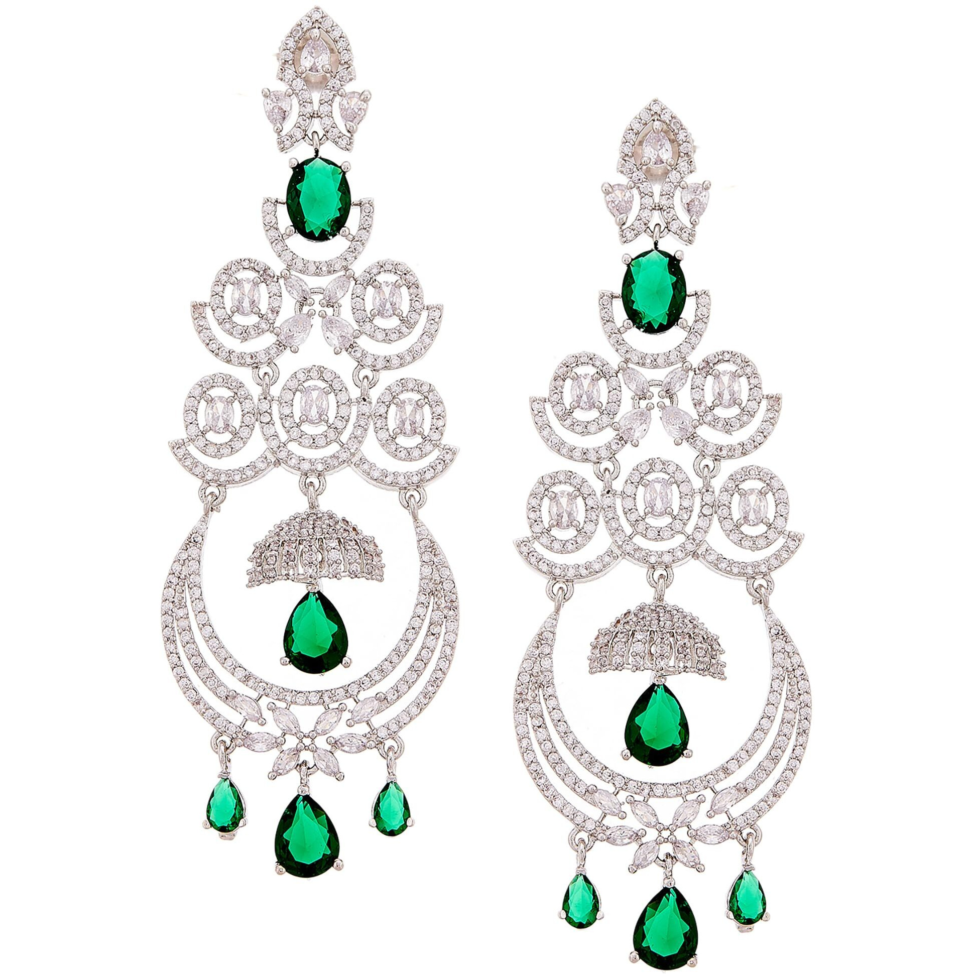 Zeneme Floral Shaped American Diamond Dangle Chandelier Earring For Women And Girls (Green Rhodium)