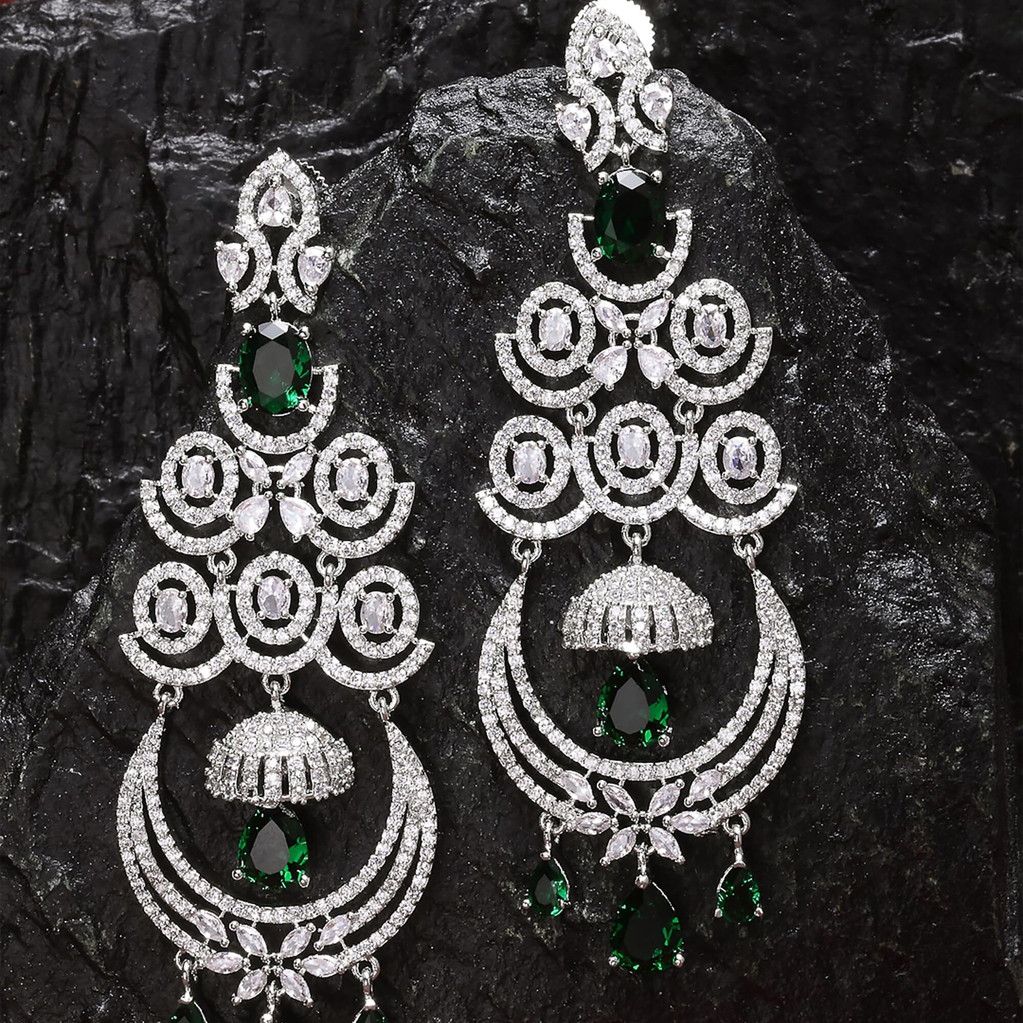 Zeneme Floral Shaped American Diamond Dangle Chandelier Earring For Women And Girls (Green Rhodium)