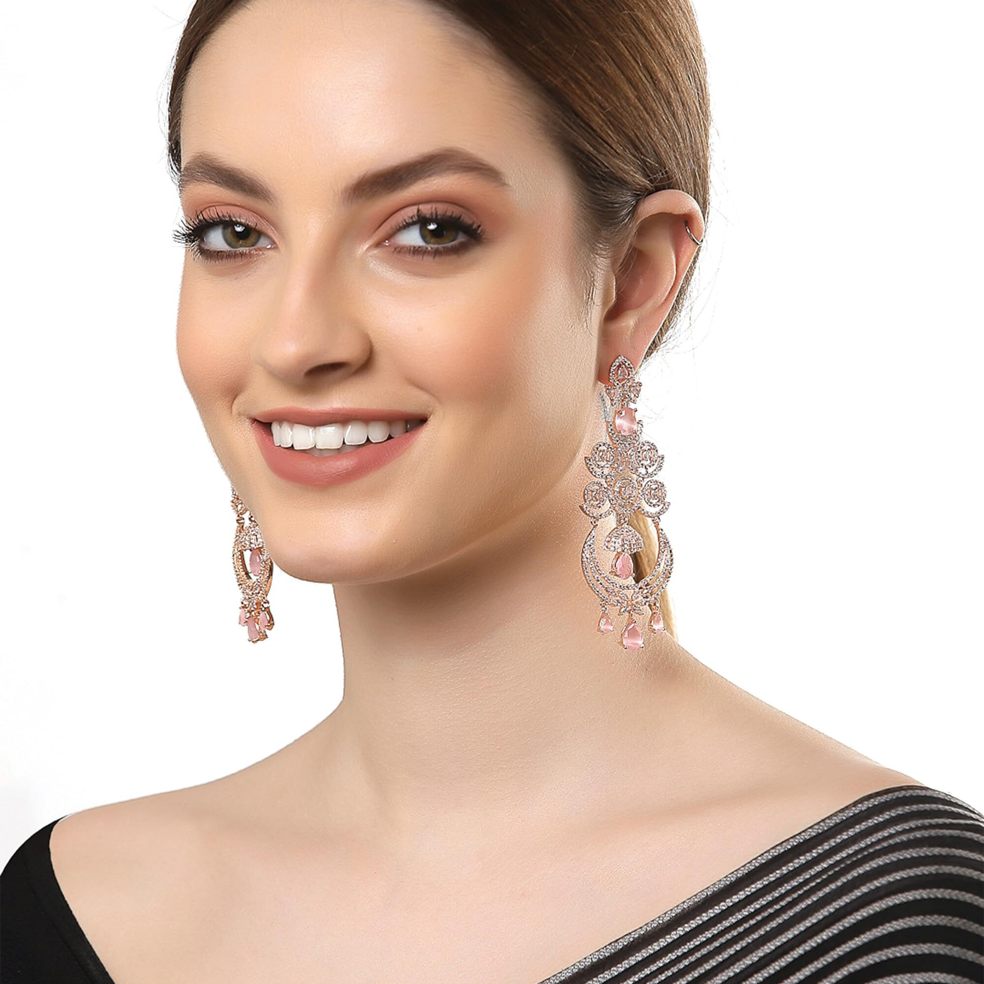 Zeneme Floral Shaped American Diamond Dangle Chandelier Earring For Women And Girls (Pink RoseGold)