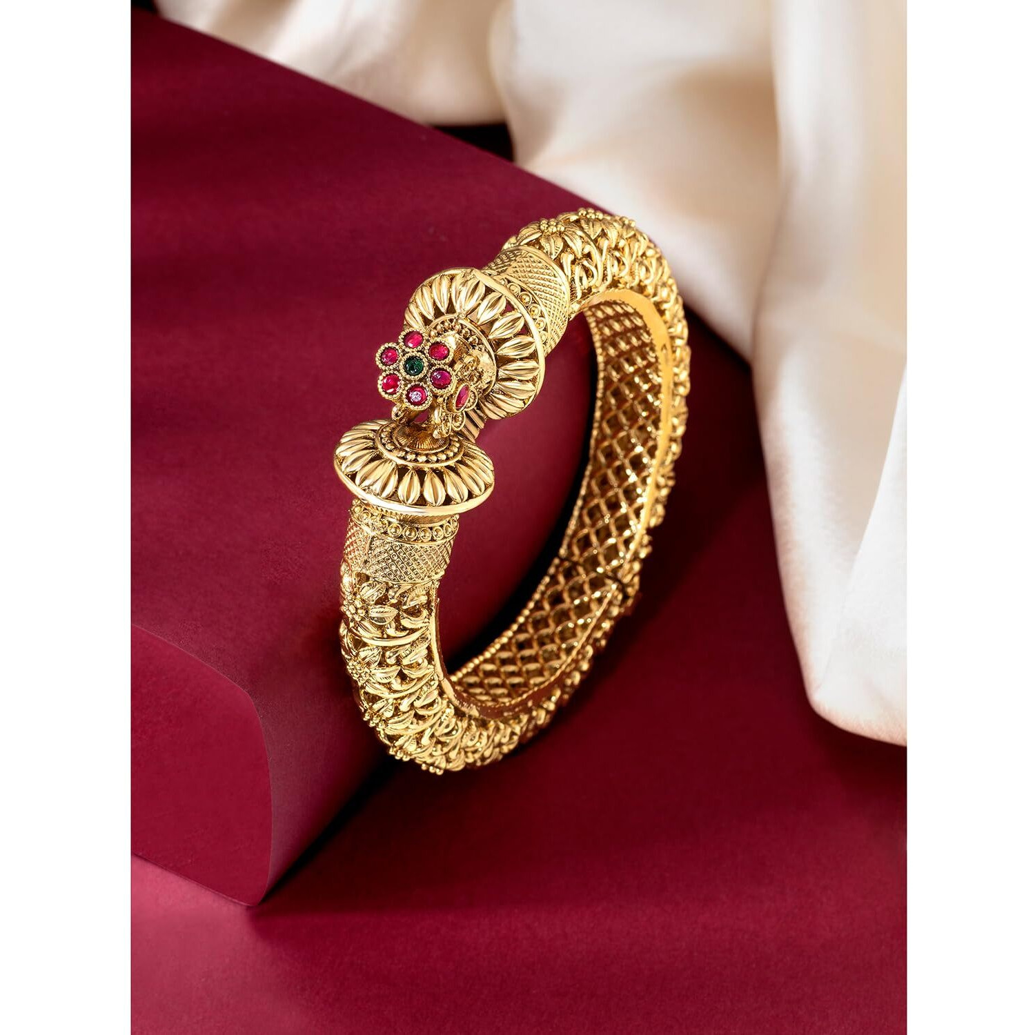 Peora Gold Plated Thick Single Piece Openable 2.4 inch Kadaa Bangle Traditional Gokhru Ethnic Jewellery for Women