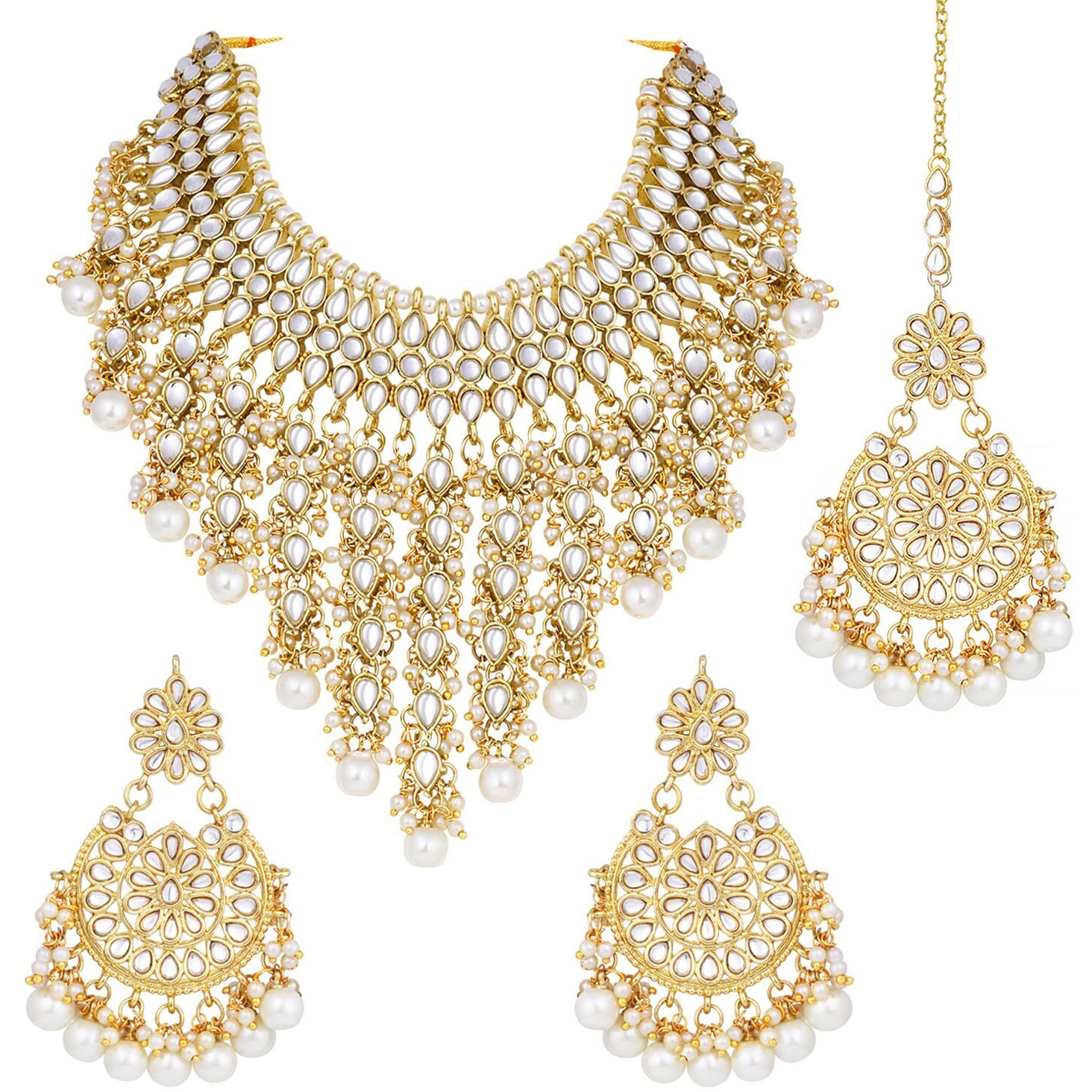 Peora Traditional Kundan & Pearl Drop White Choker Necklace Earring Set with Maang Tikka for Women Girls|Rakhi Rakshabandhan Gift for Sister Bhabhi, Gifts for Women
