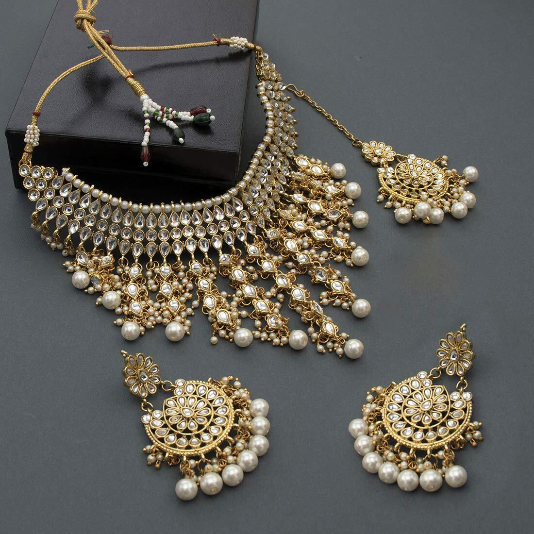 Peora Traditional Kundan & Pearl Drop White Choker Necklace Earring Set with Maang Tikka for Women Girls|Rakhi Rakshabandhan Gift for Sister Bhabhi, Gifts for Women