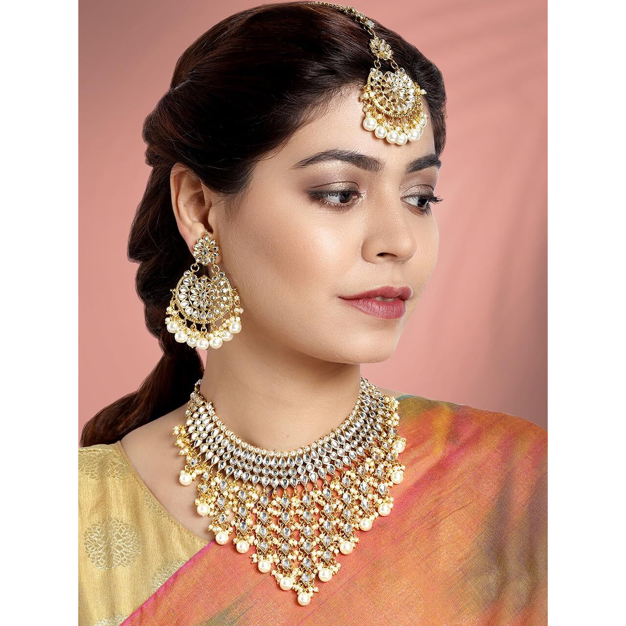 Peora Traditional Kundan & Pearl Drop White Choker Necklace Earring Set with Maang Tikka for Women Girls|Rakhi Rakshabandhan Gift for Sister Bhabhi, Gifts for Women