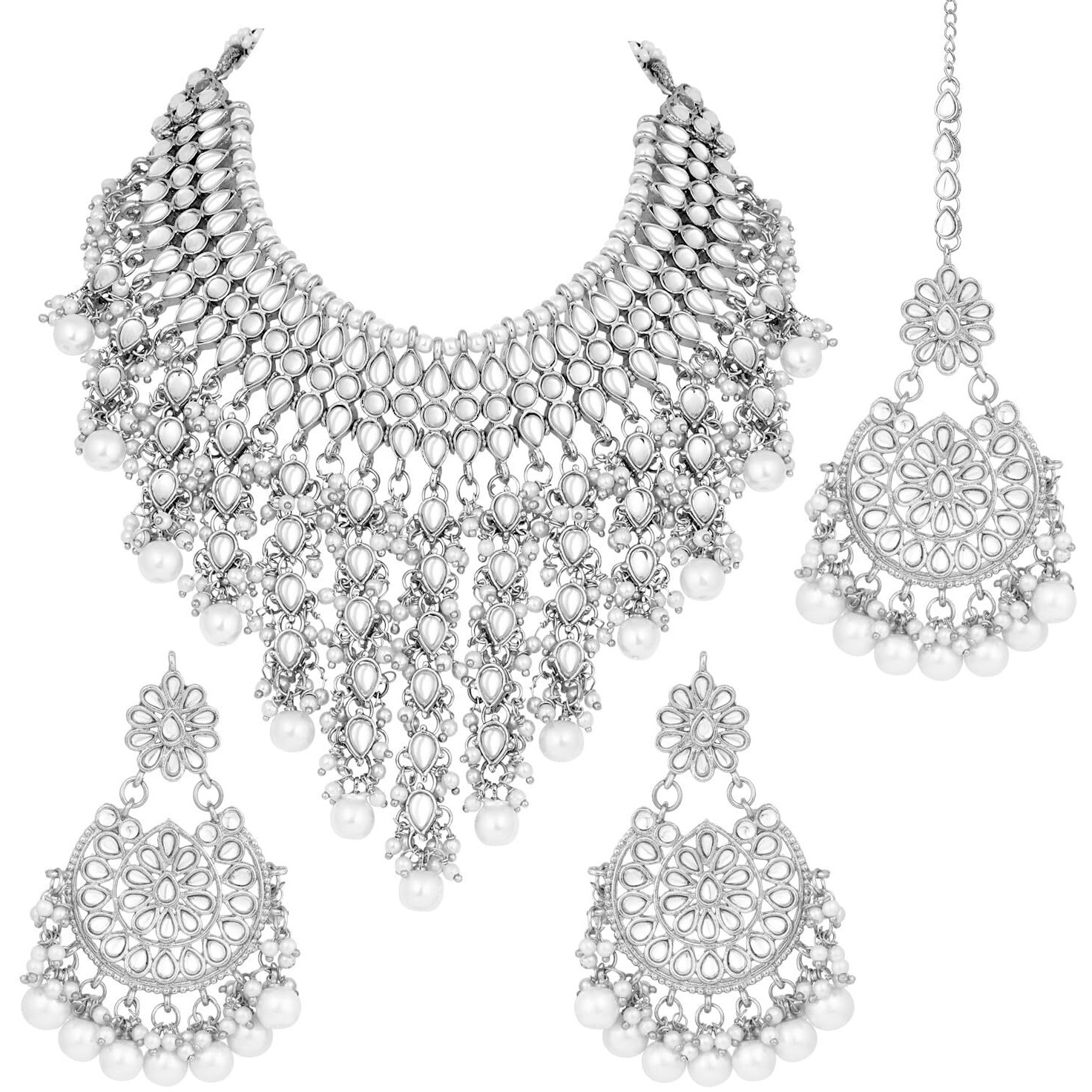 Peora Traditional Kundan & Pearl Drop Rhodium Plated Choker Necklace Earring Set with Maang Tikka for Women Girls