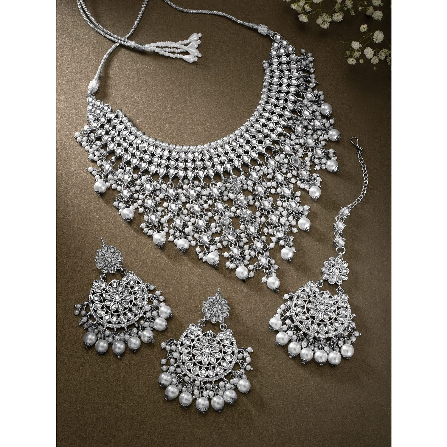 Peora Traditional Kundan & Pearl Drop Rhodium Plated Choker Necklace Earring Set with Maang Tikka for Women Girls