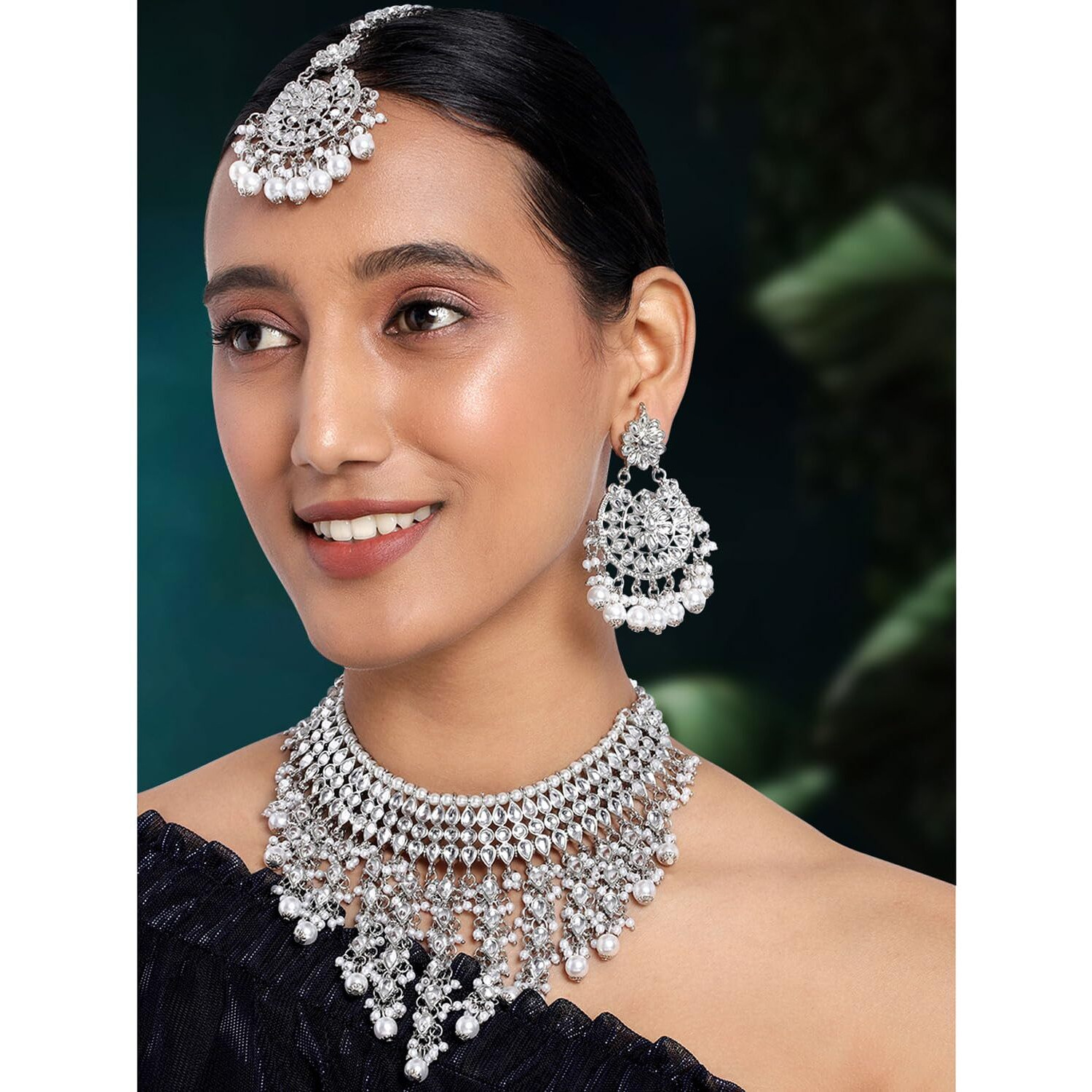 Peora Traditional Kundan & Pearl Drop Rhodium Plated Choker Necklace Earring Set with Maang Tikka for Women Girls
