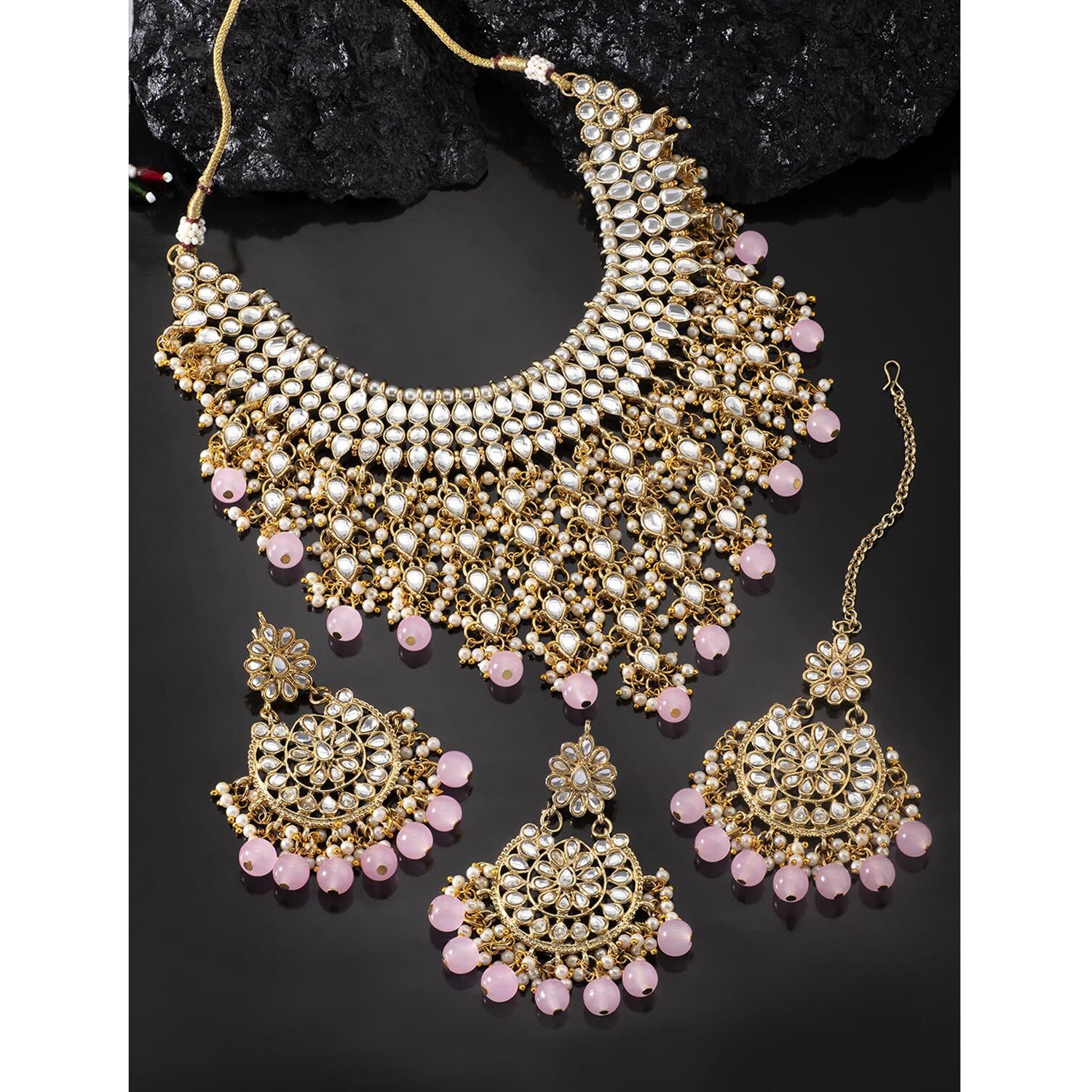 Peora Traditional Kundan & Pearl Drop Pink Choker Necklace Earring Set with Maang Tikka for Women