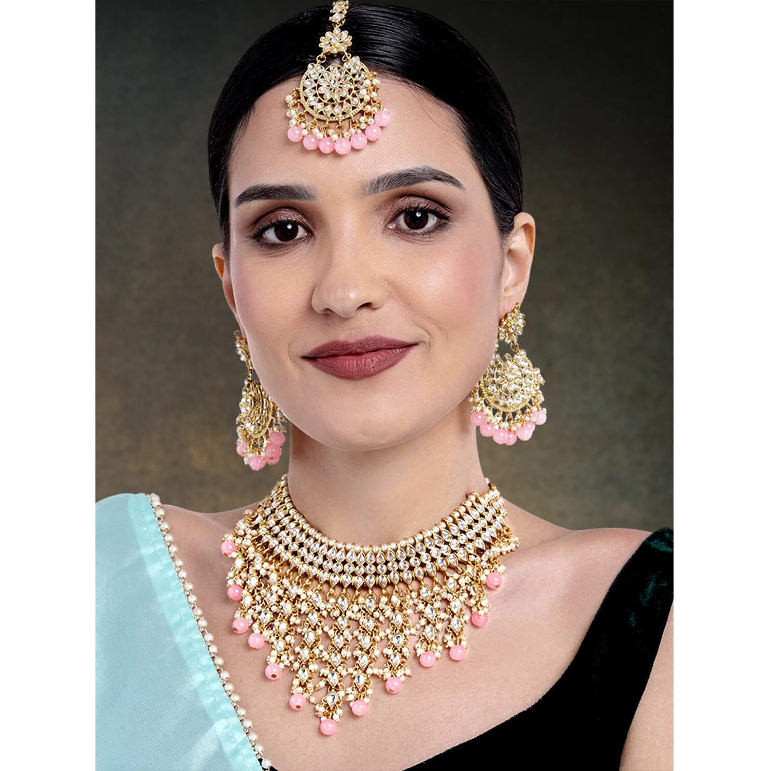 Peora Traditional Kundan & Pearl Drop Pink Choker Necklace Earring Set with Maang Tikka for Women