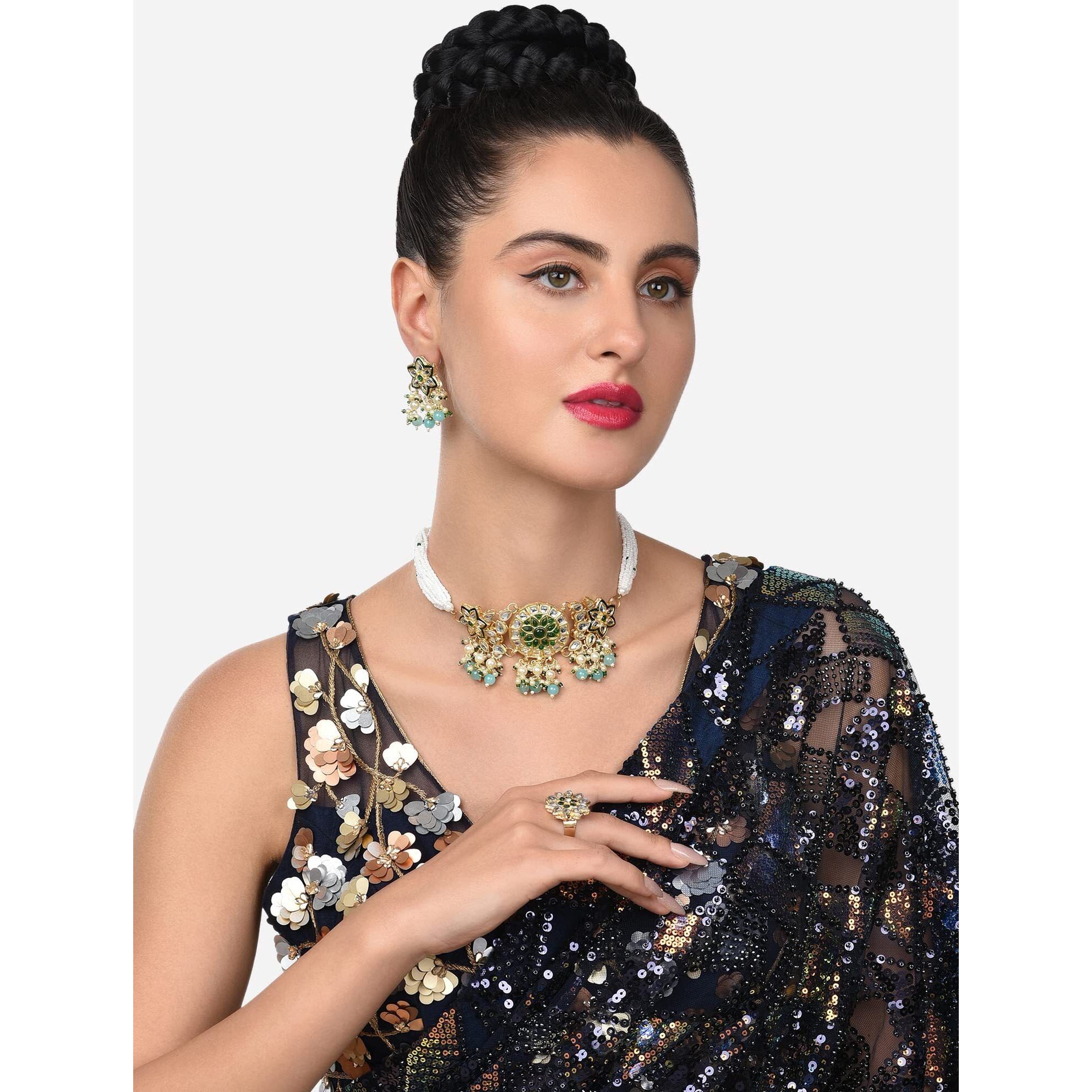 ZAVERI PEARLS Green Beads & Kundan Choker Necklace Earring & Ring Set For Women-ZPFK11066