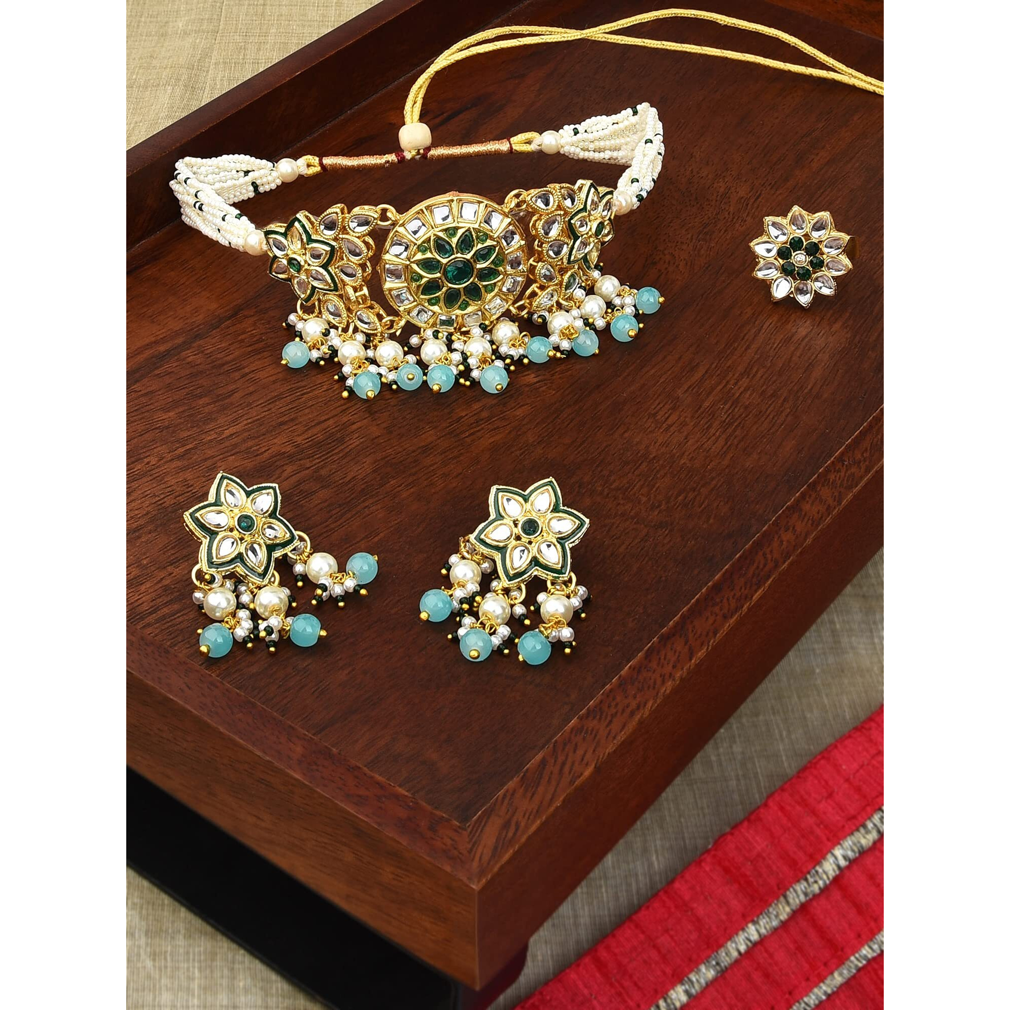 ZAVERI PEARLS Green Beads & Kundan Choker Necklace Earring & Ring Set For Women-ZPFK11066