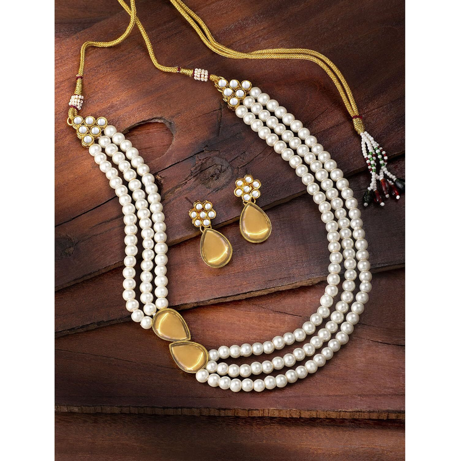 Peora Pearl Mala Champagne Necklace & Earrings for Women Traditional Stylish Ethnic Jewellery Set