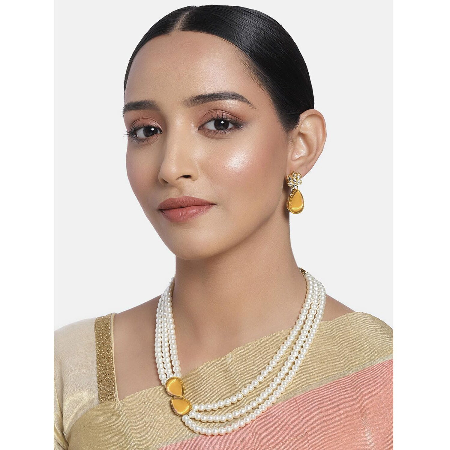 Peora Pearl Mala Champagne Necklace & Earrings for Women Traditional Stylish Ethnic Jewellery Set