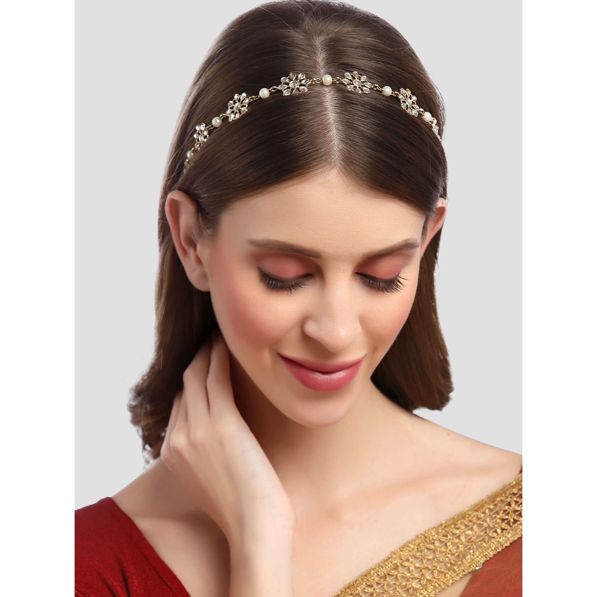 Karatcart Gold Plated Pearl Studded Floral Kundan Hairband for Women