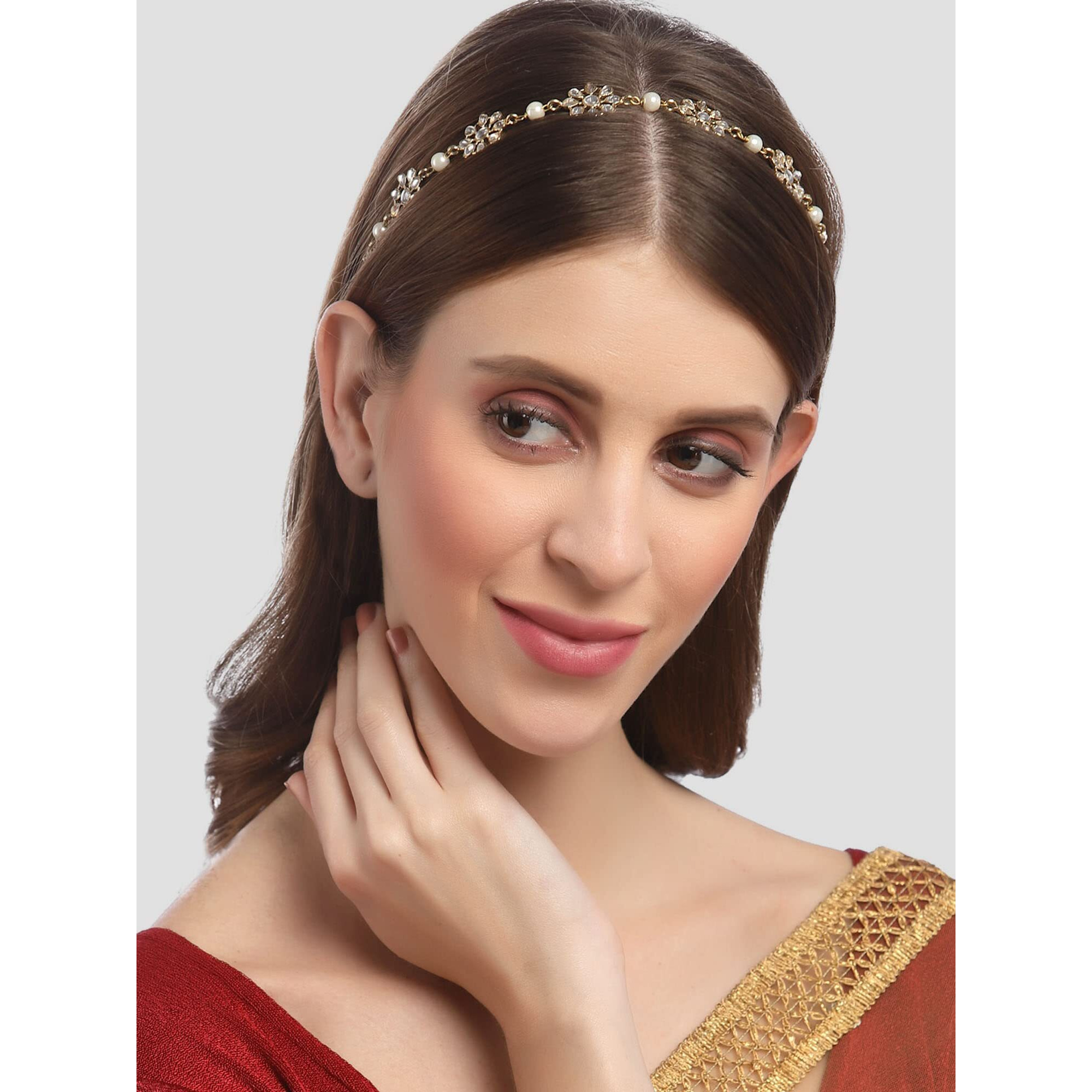 Karatcart Gold Plated Pearl Studded Floral Kundan Hairband for Women