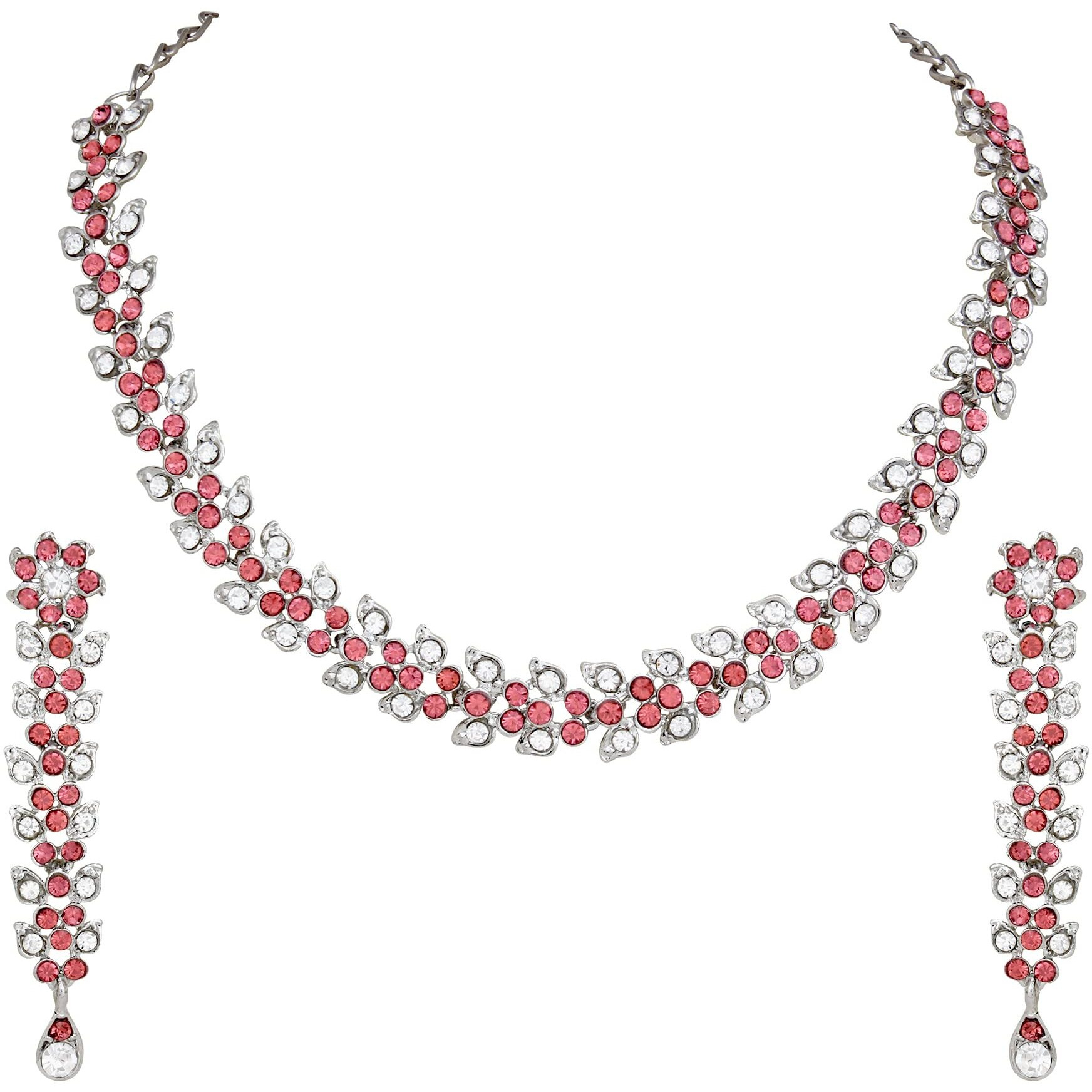 Atasi International Pink Silver Plated Crystal Stylish Necklace Jewellery Set with Earrings (RP1747) For Women