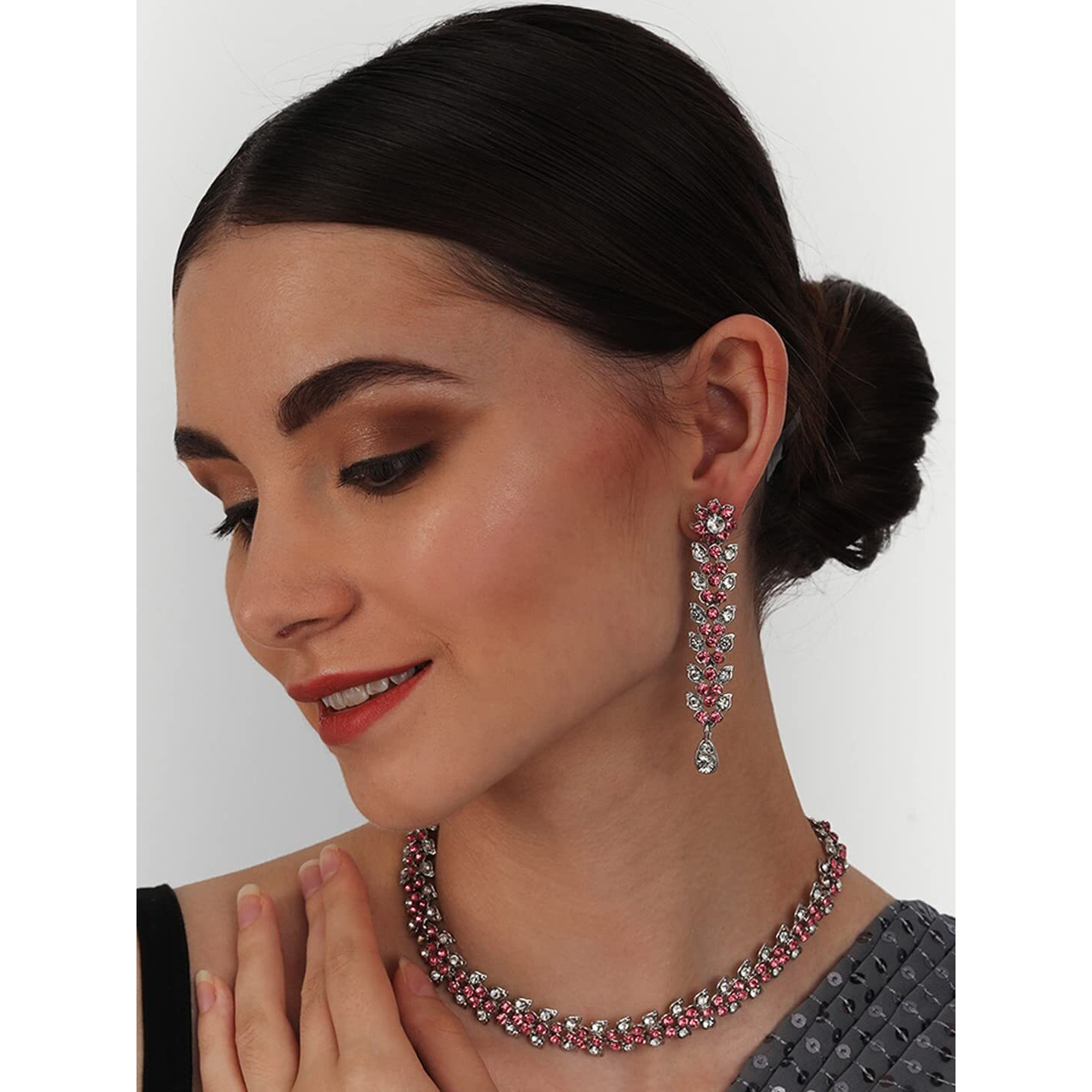 Atasi International Pink Silver Plated Crystal Stylish Necklace Jewellery Set with Earrings (RP1747) For Women