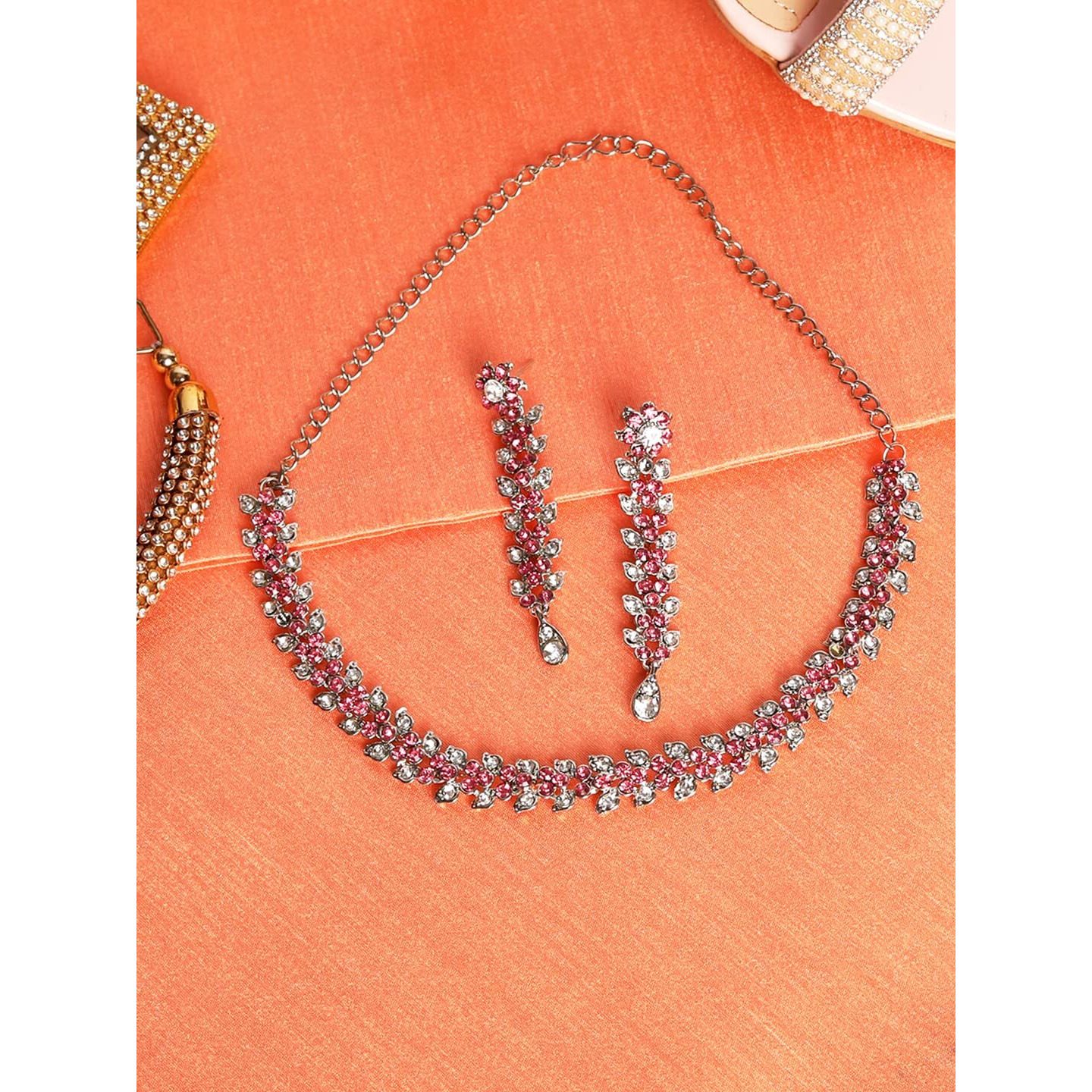 Atasi International Pink Silver Plated Crystal Stylish Necklace Jewellery Set with Earrings (RP1747) For Women