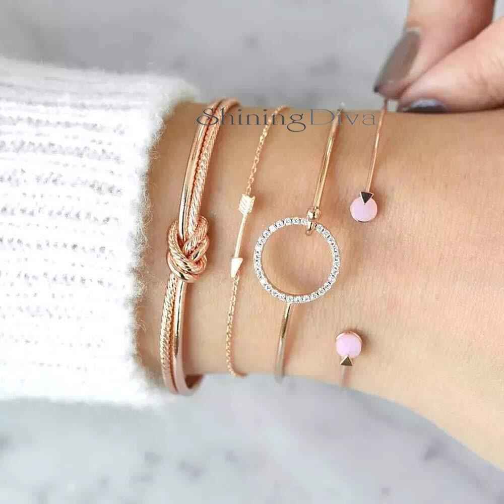 Shining Diva Fashion Golden Non Precious Metal Base Metal Cubic Zirconia Crystal Stylish Multilayer Bangle Charm Bracelet for Women (rrsd10736b, Set of 4)
