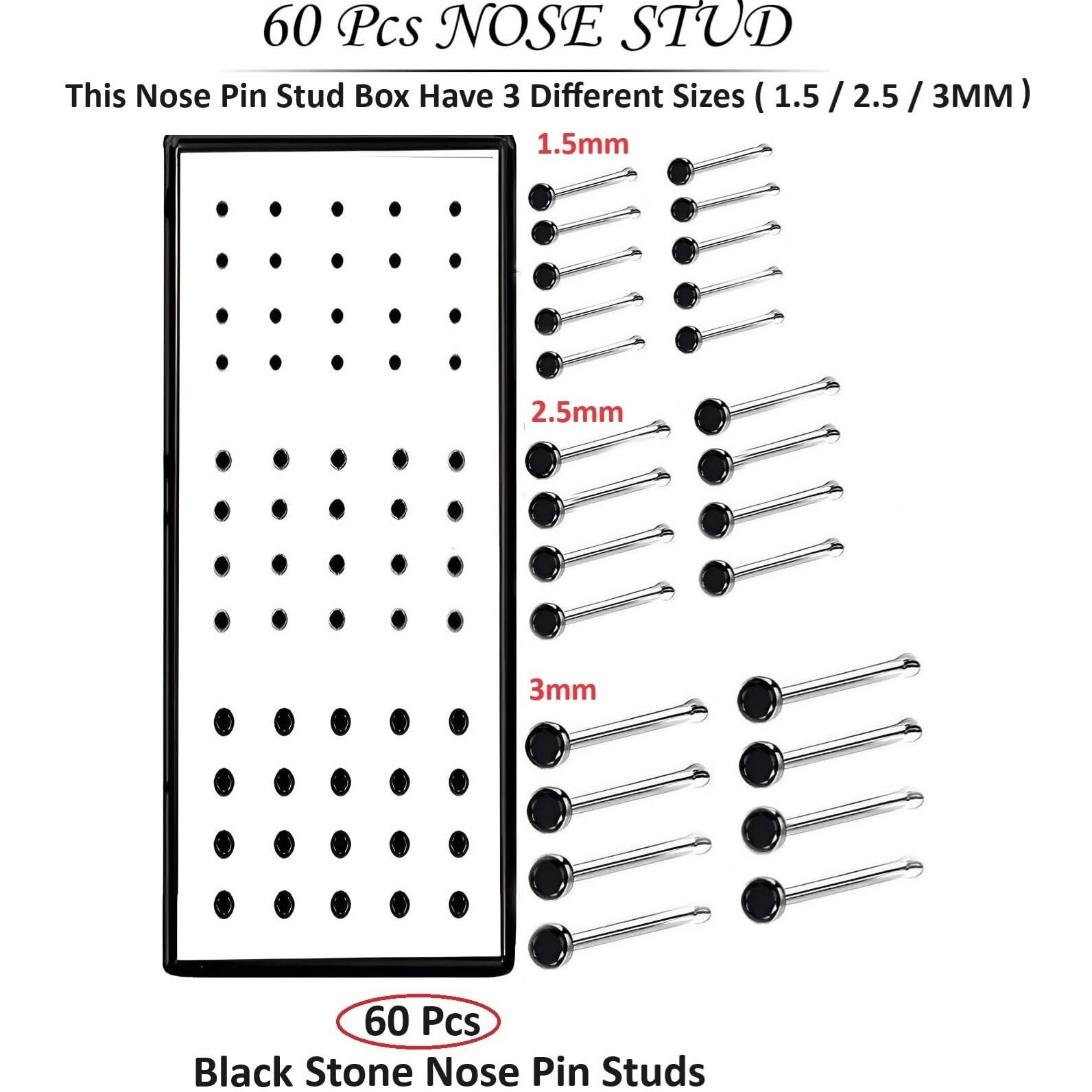 VAMA FASHIONS Body Piercing Jewelry Hole Nose Hoop Ring Sterling Nose pin Studs for Women & Girls (60 Pcs - 1.5/2.5 / 3mm) (Black Nose ring for Pierced Nose)