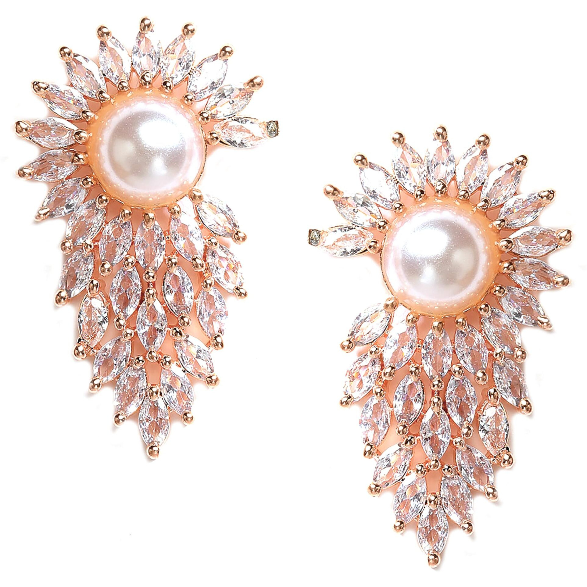 Zeneme Rose Gold Plated Crescent Contemporary Floral Embelished Designed Stud Earring Jewellery For Girls and Women (Style 3)