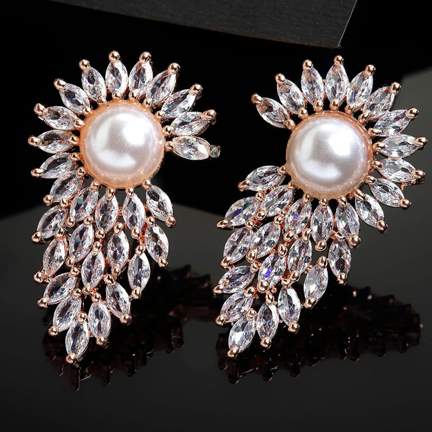Zeneme Rose Gold Plated Crescent Contemporary Floral Embelished Designed Stud Earring Jewellery For Girls and Women (Style 3)