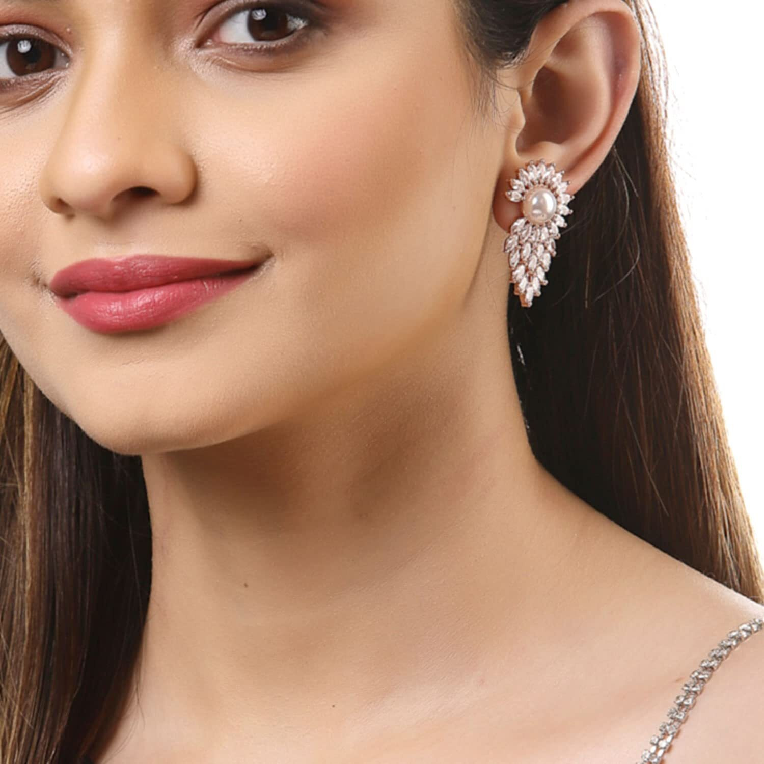 Zeneme Rose Gold Plated Crescent Contemporary Floral Embelished Designed Stud Earring Jewellery For Girls and Women (Style 3)