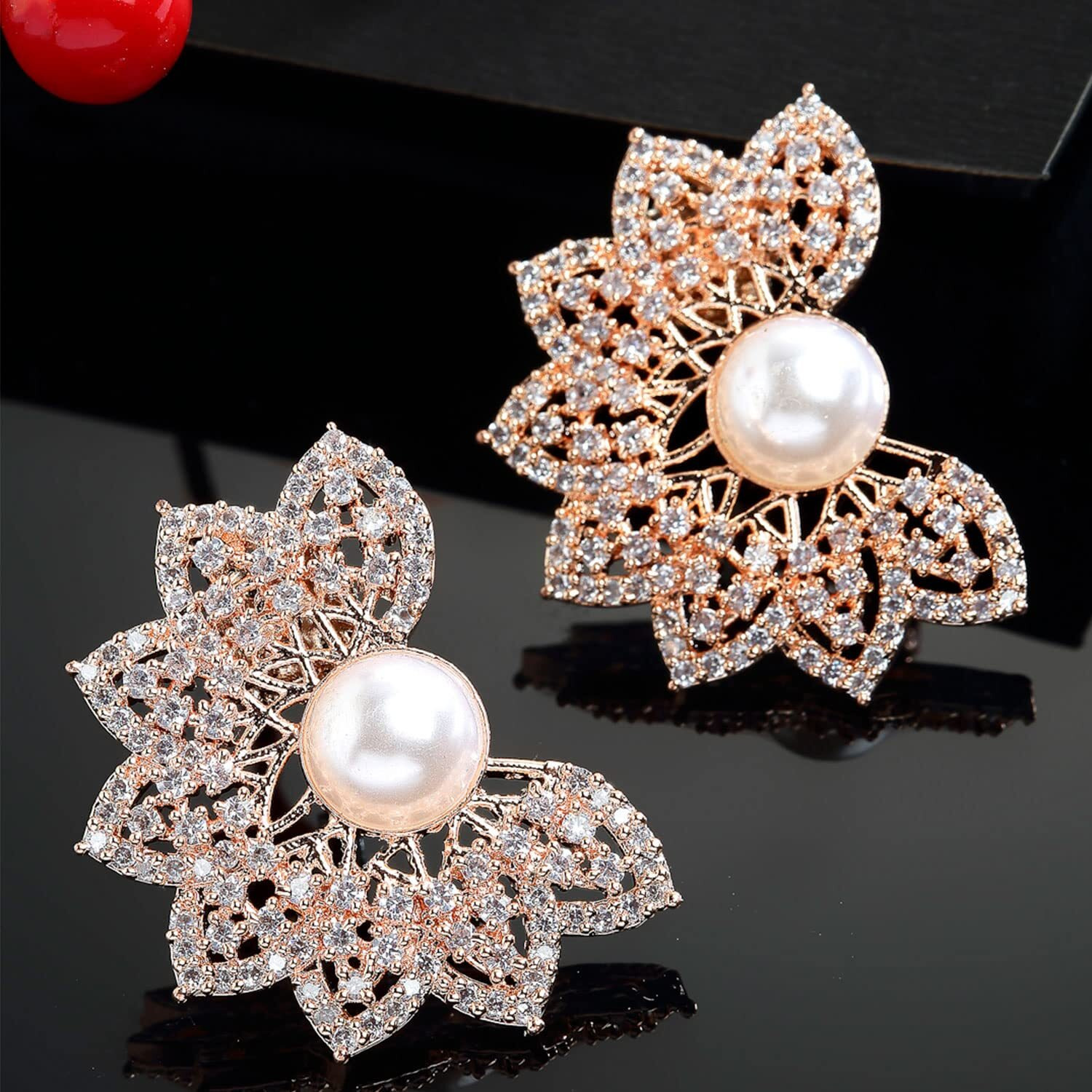 Zeneme Rose Gold Plated Crescent Contemporary Floral Embelished Designed Stud Earring Jewellery For Girls and Women (Style 2)