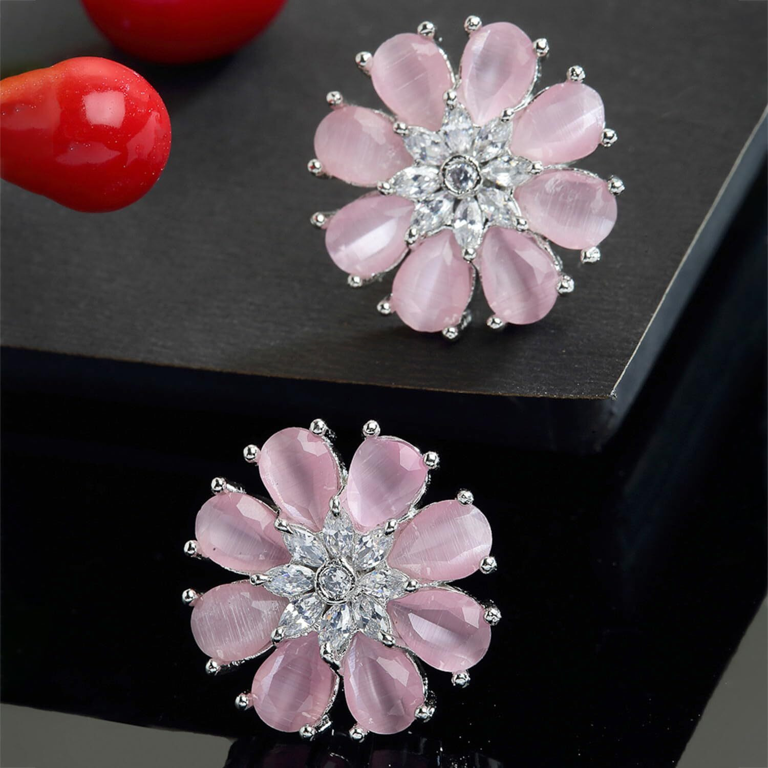 Zeneme Stud Rhodium Plated AD American Diamond Flower-Shaped Earrings Ear Studs Jewellery For Women and Girl (Pink)