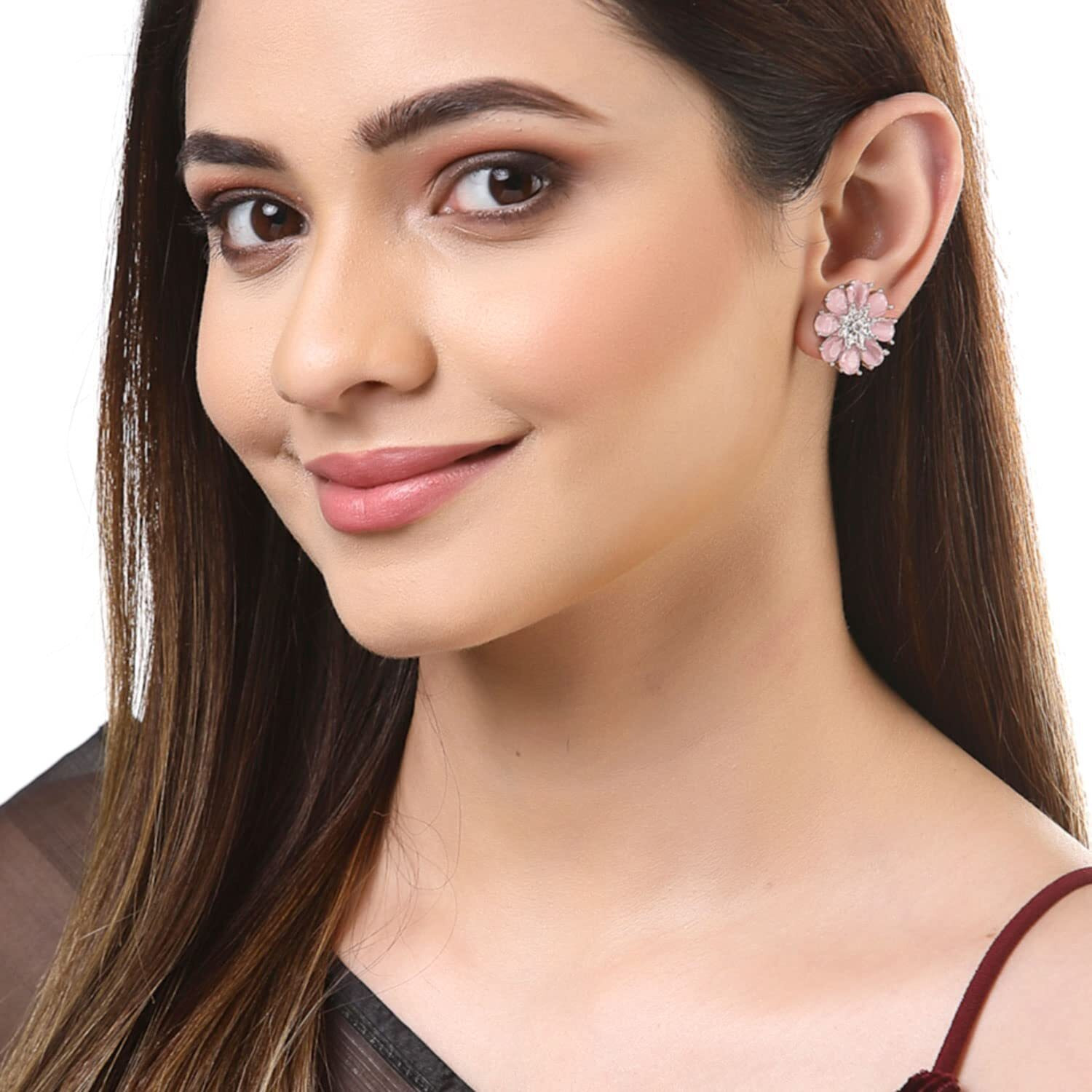 Zeneme Stud Rhodium Plated AD American Diamond Flower-Shaped Earrings Ear Studs Jewellery For Women and Girl (Pink)