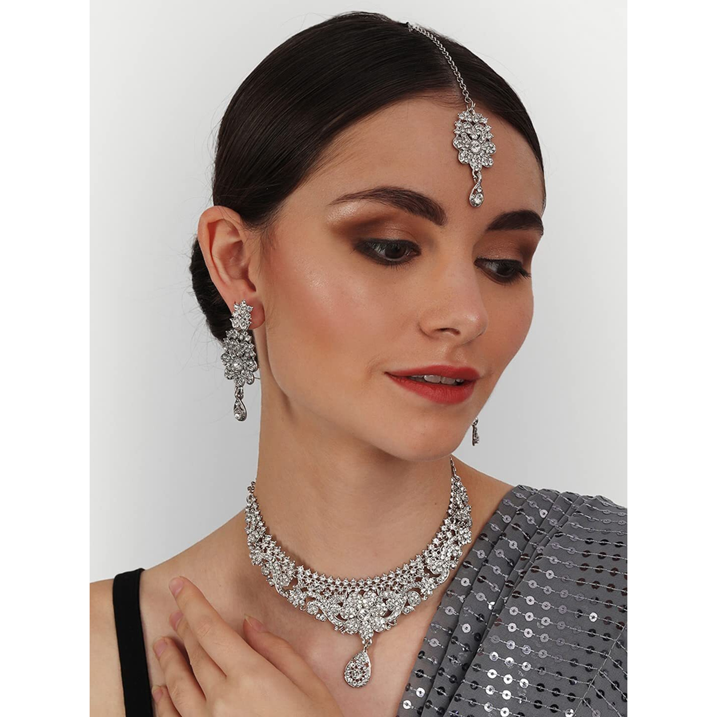 Atasi International Silver Plated Crystals Necklace/Jwelery Set with Earrings and Maang Tikka for Women - Ideal for Party, Wedding, Any Occasion (White)