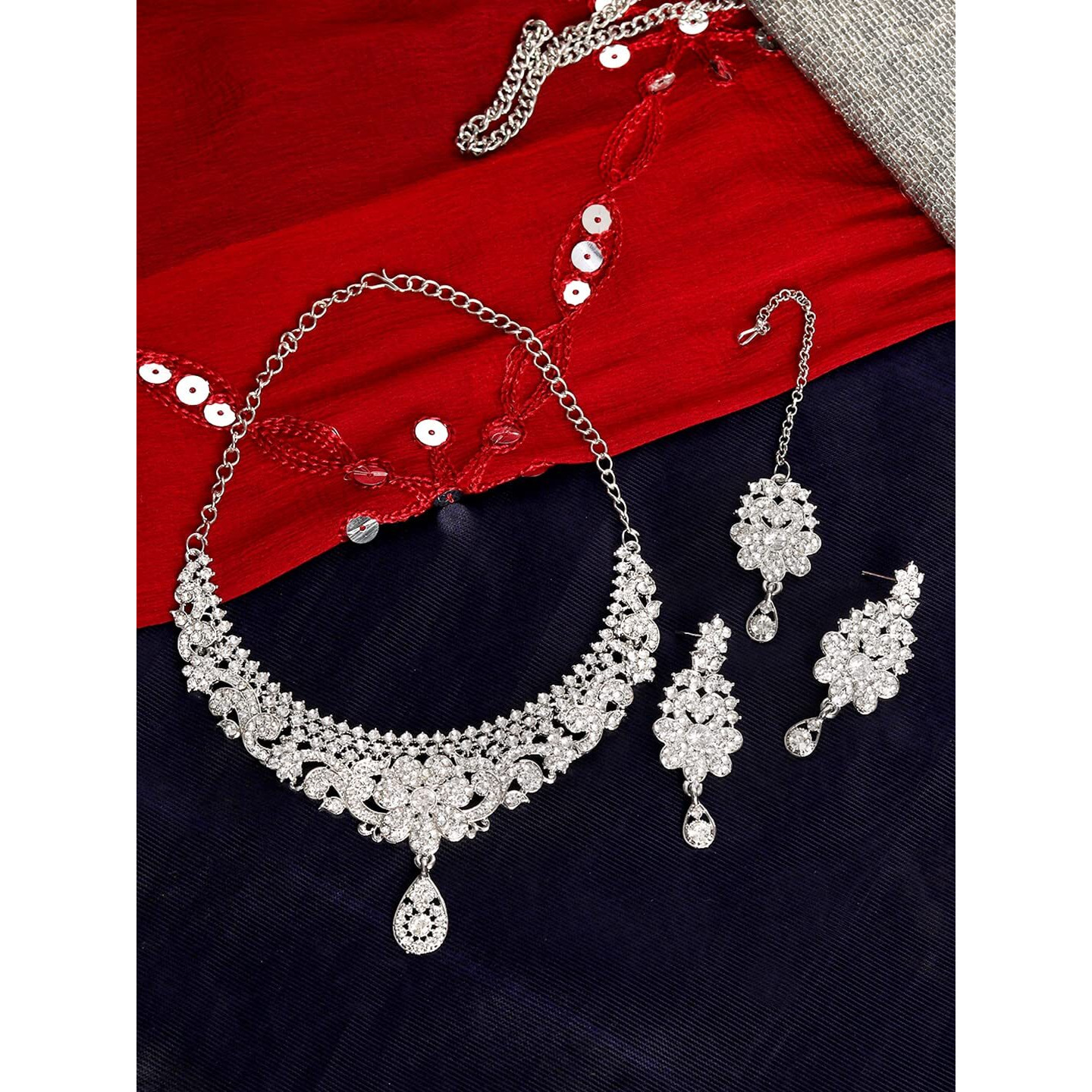 Atasi International Silver Plated Crystals Necklace/Jwelery Set with Earrings and Maang Tikka for Women - Ideal for Party, Wedding, Any Occasion (White)
